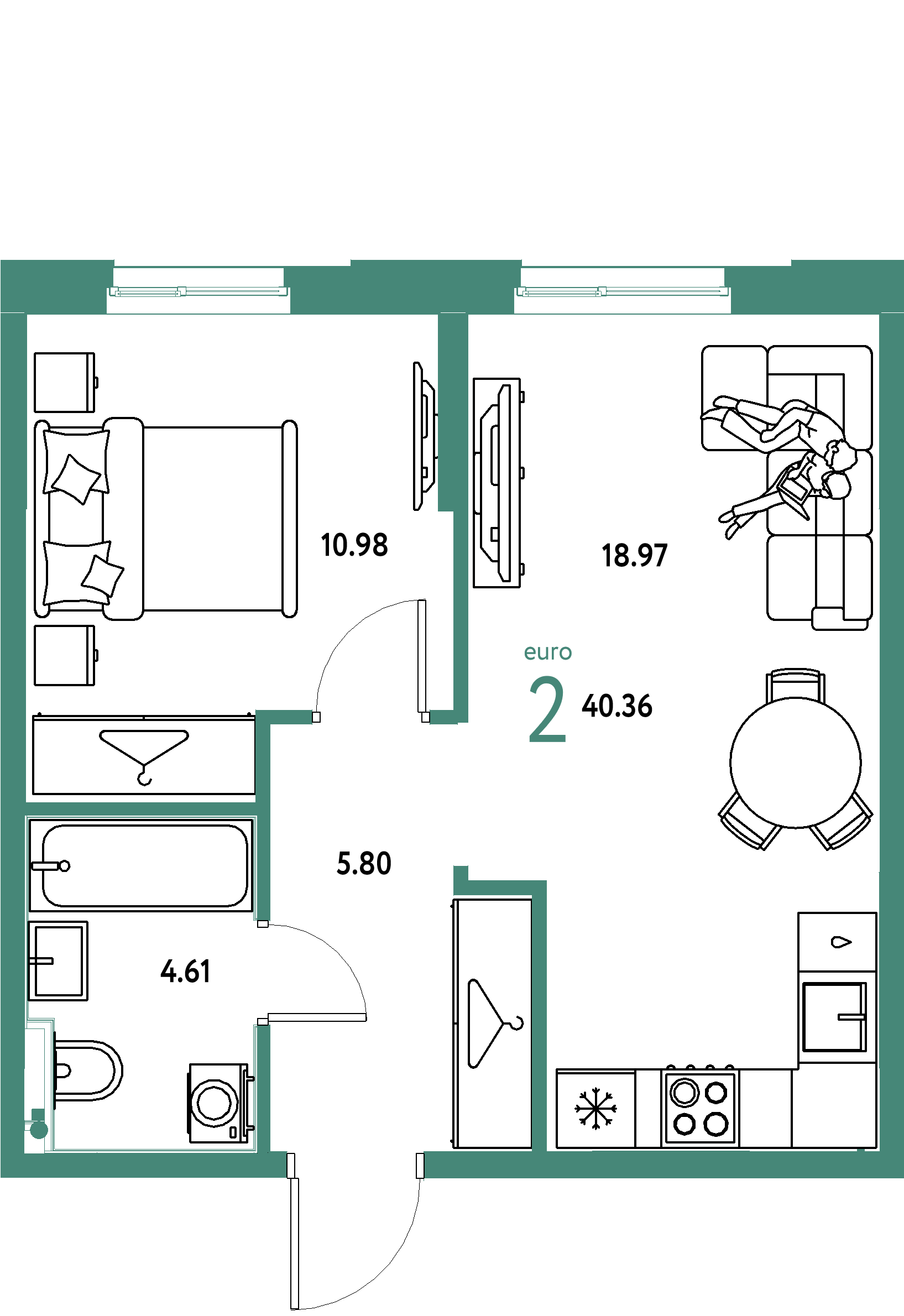 Планировка: Евродвушка 40,36 м² в ЖК «Европейский берег 2.0»