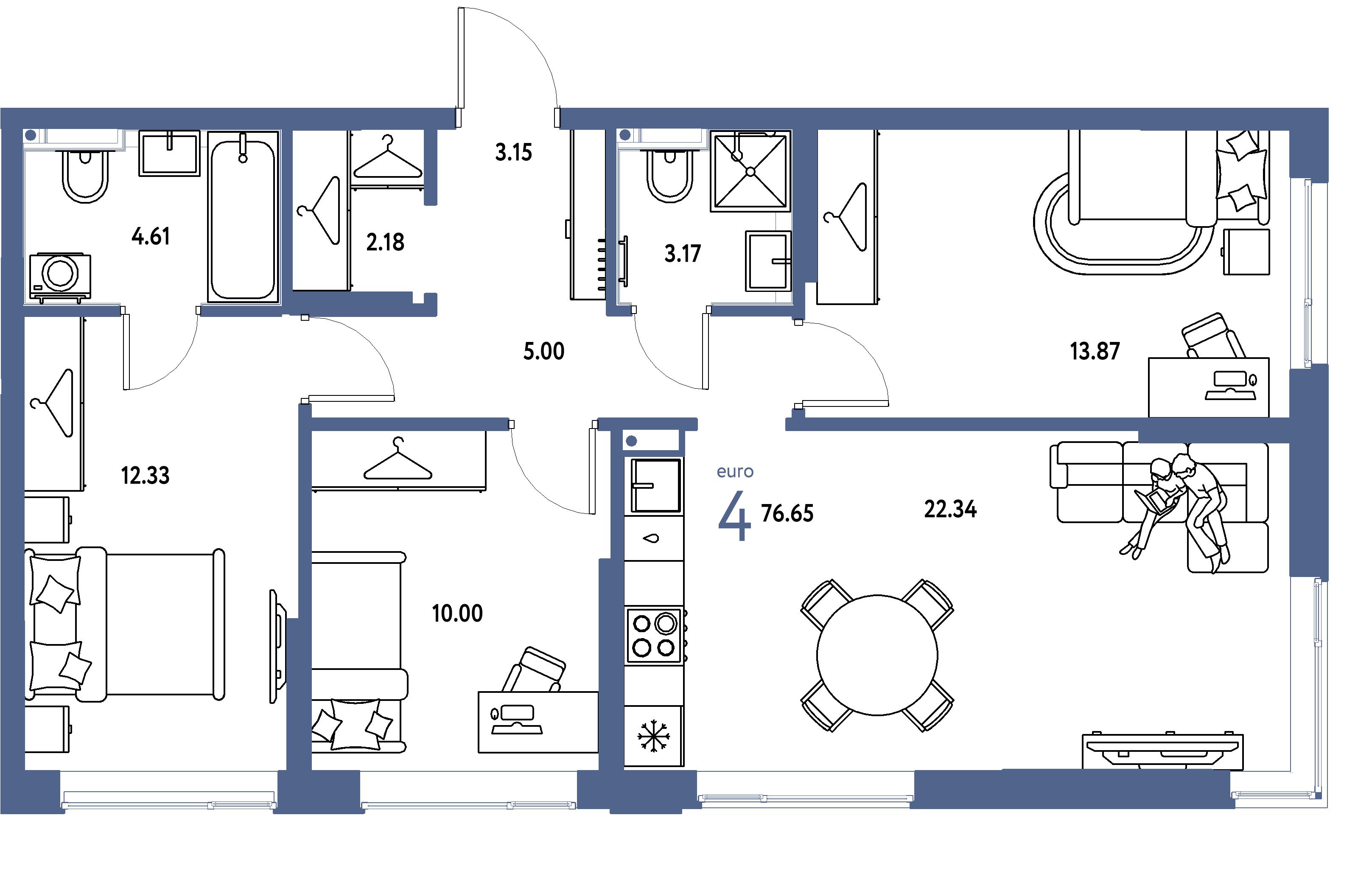 Планировка: Евро-4 76,65 м² в ЖК «Страна.Прибрежная»