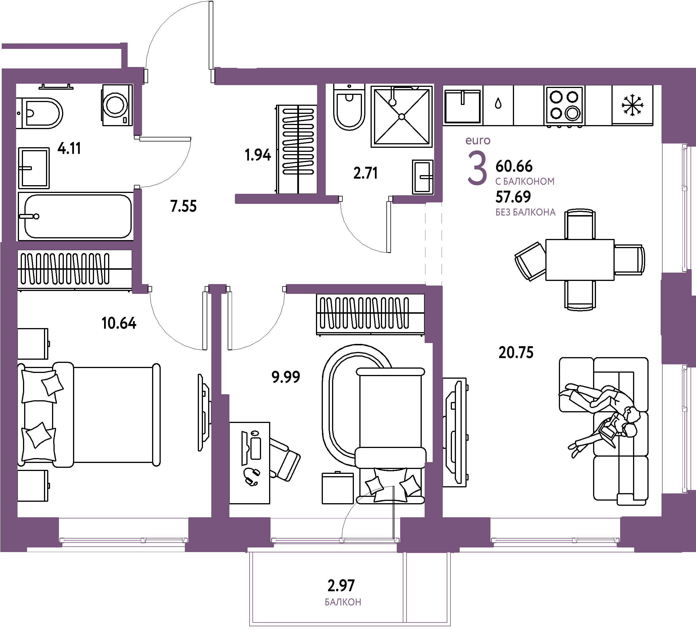 Планировка: Евротрёшка 60,66 м² в ЖК «Домашний»