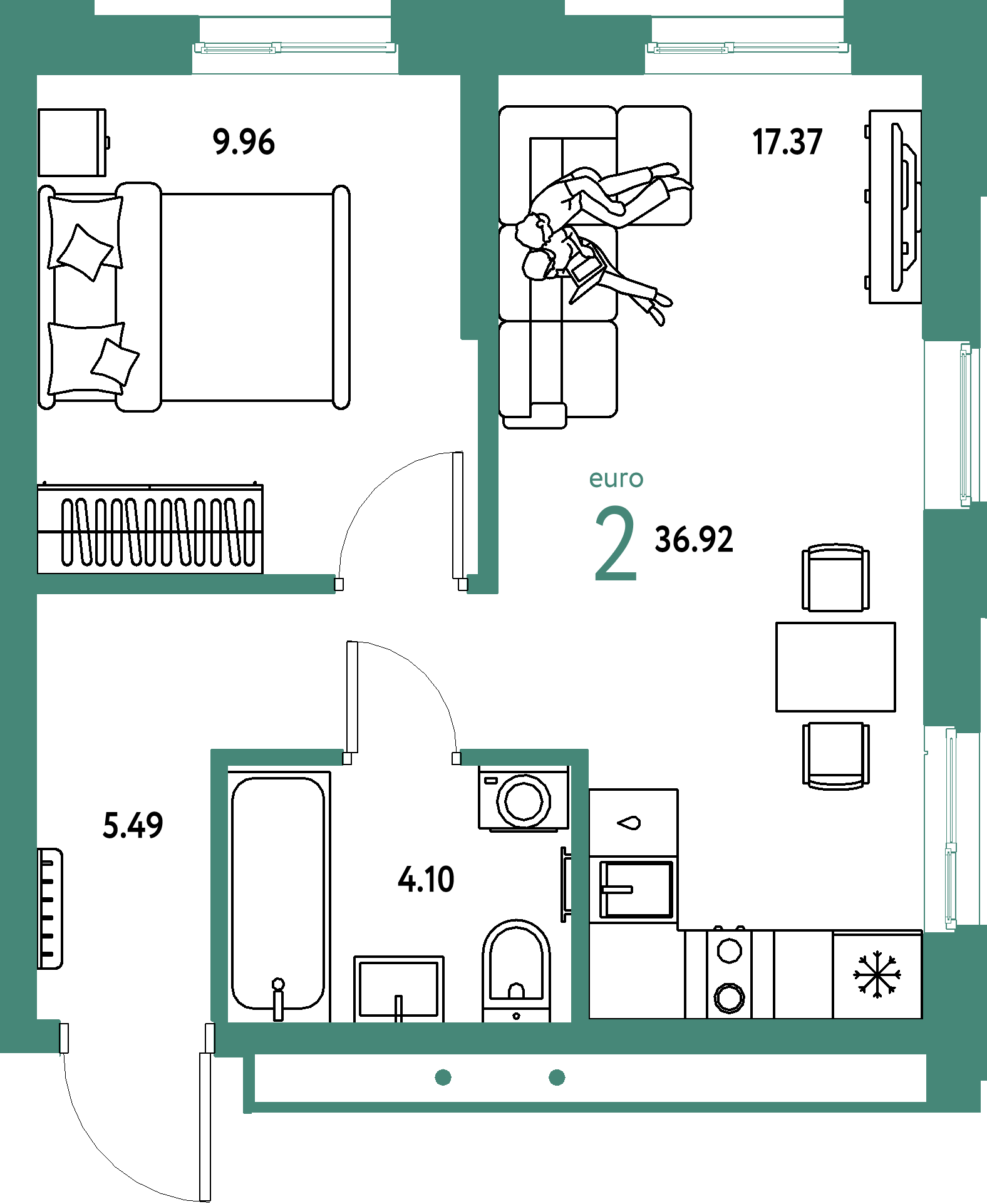 Планировка: Евродвушка 36,92 м² в ЖК «Домашний»