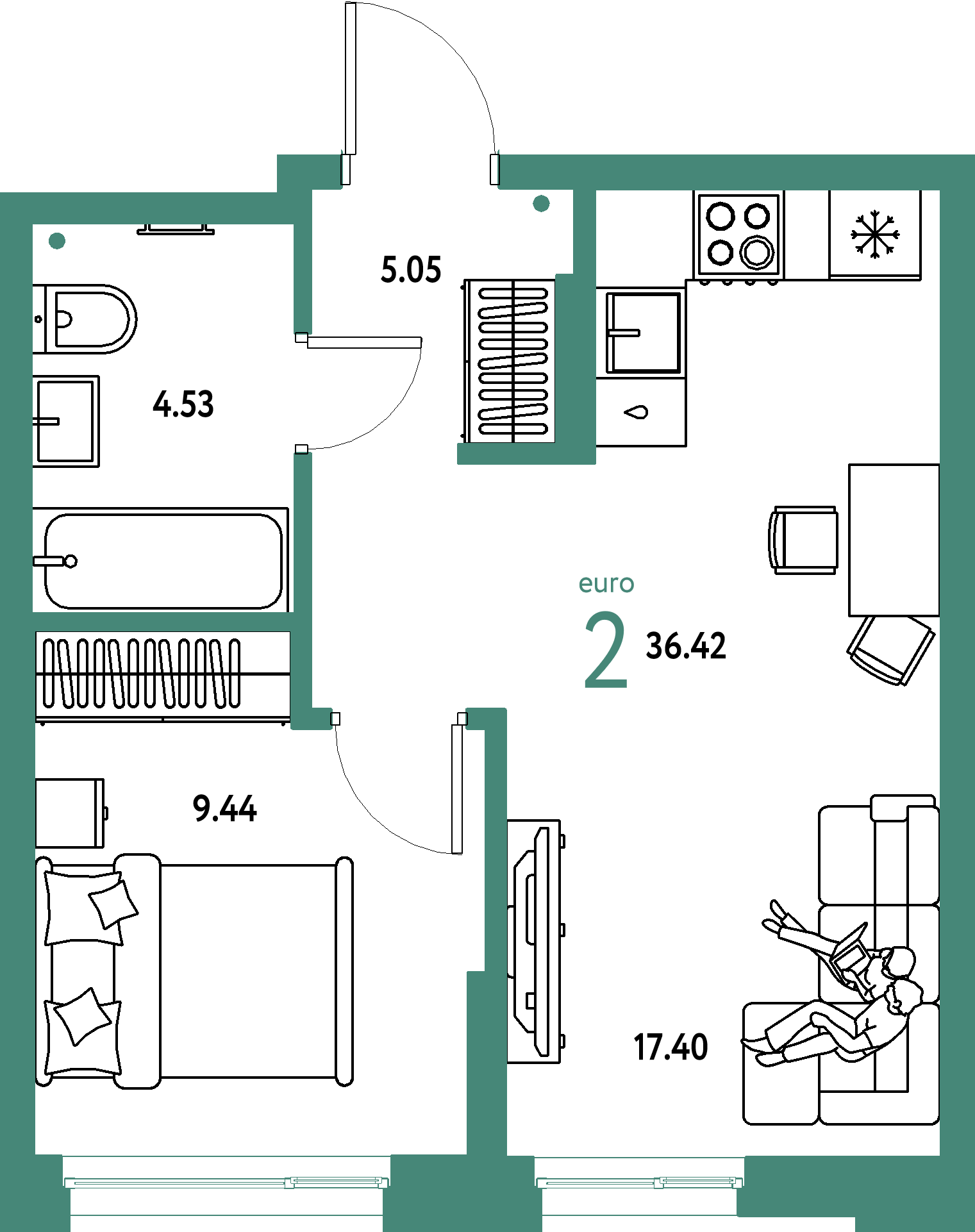 Планировка: Евродвушка 36,42 м² в ЖК «Домашний»