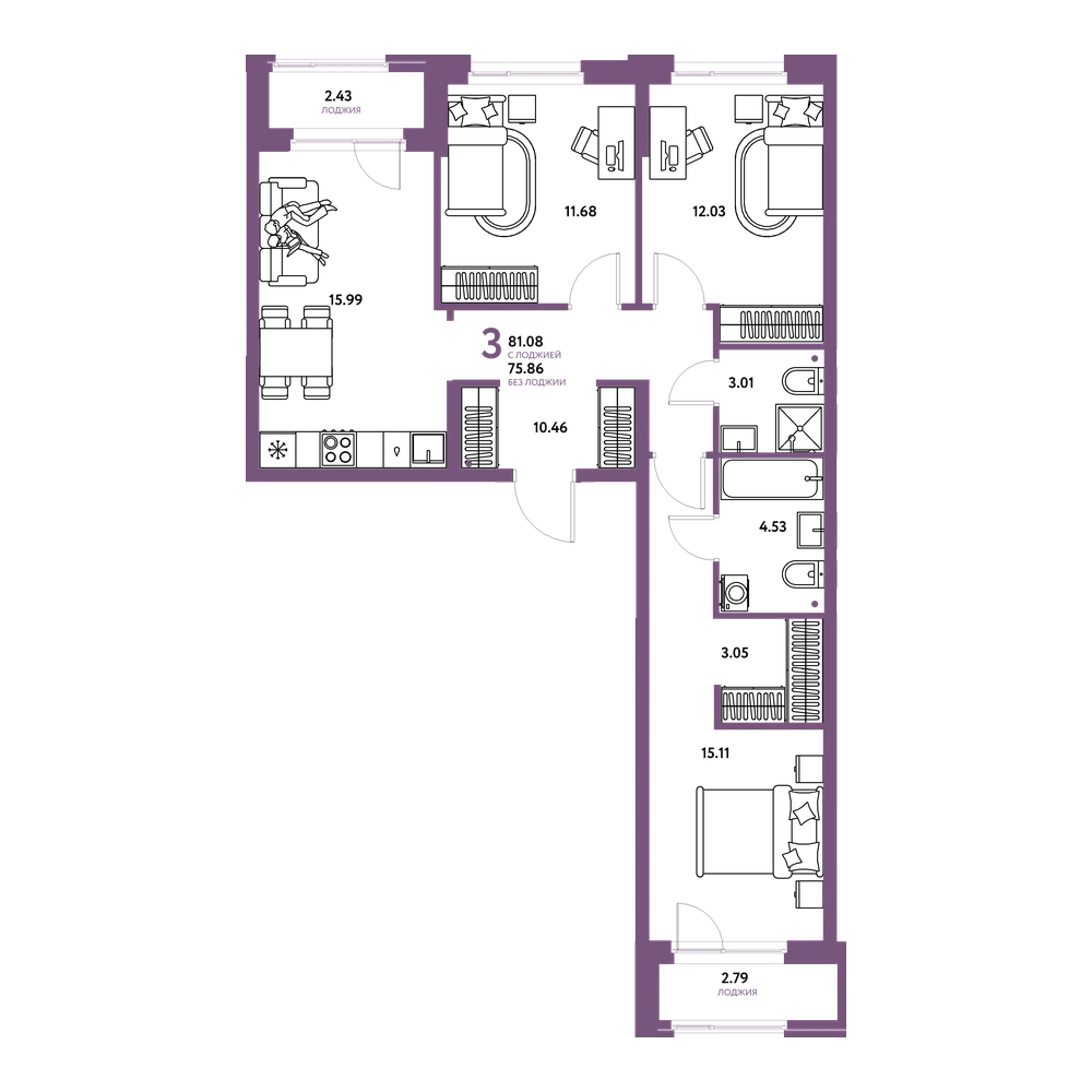 Планировка: 3-комнатная 81,08 м²