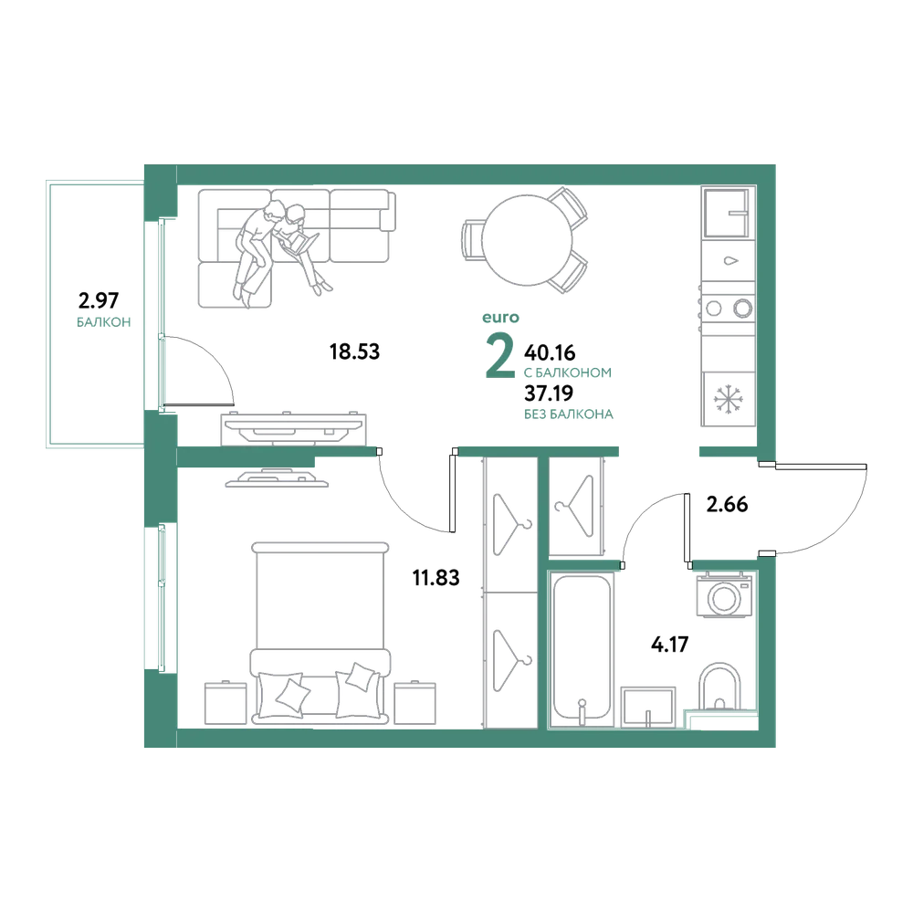 Планировка: Евродвушка 40,16 м²