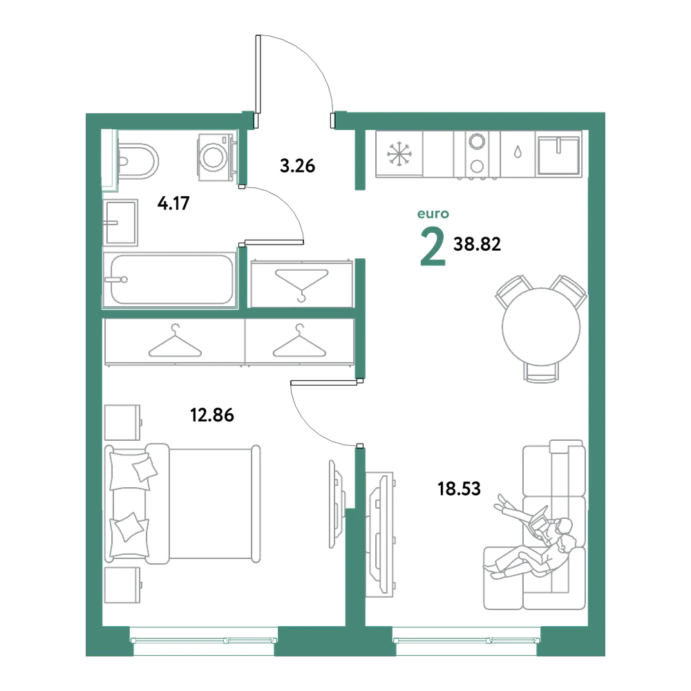 Планировка: Евродвушка 38,82 м²
