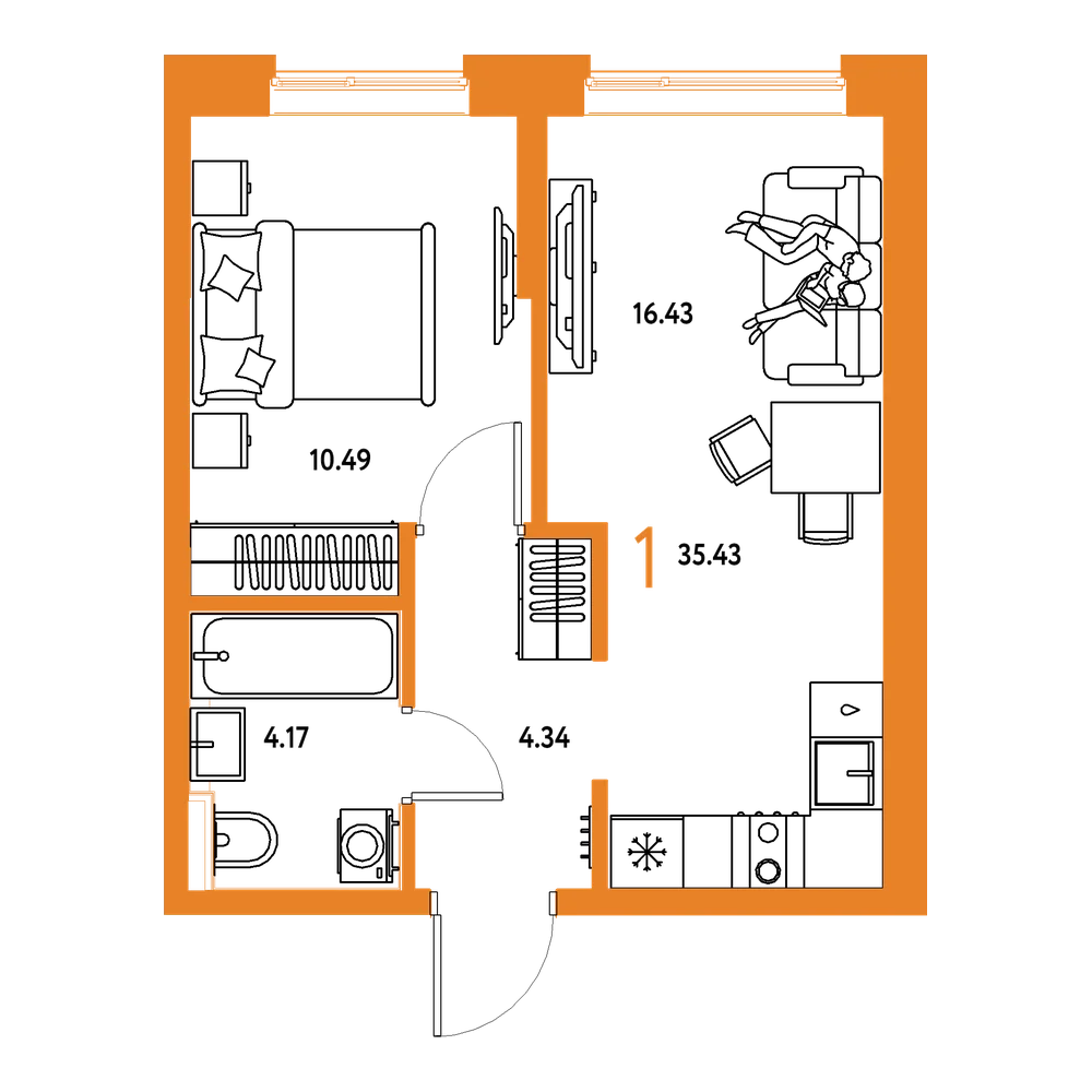 Планировка: 1-комнатная 35,43 м²