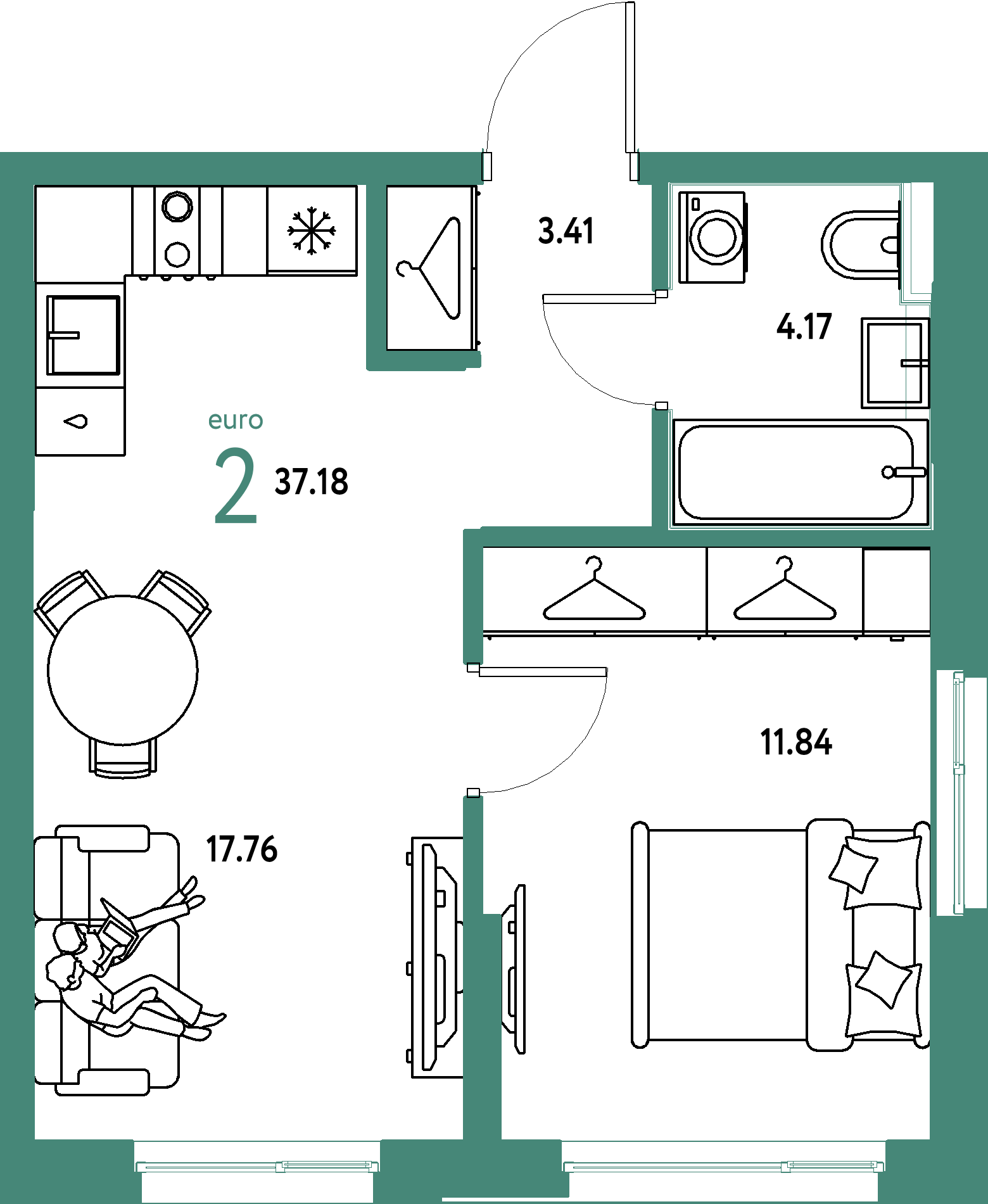 Планировка: Евродвушка 37,18 м² в ЖК «Страна.Прибрежная»