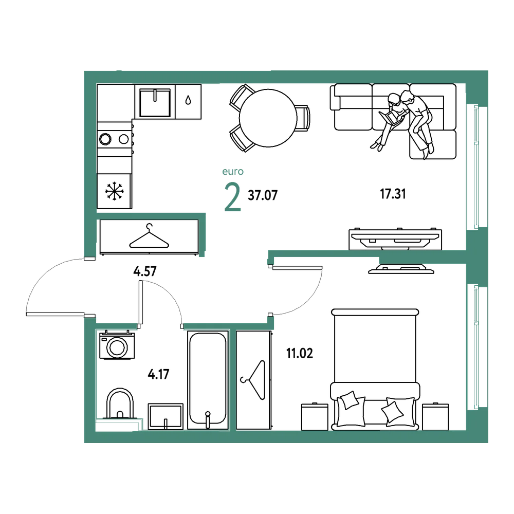 Планировка: Евродвушка 37,07 м²