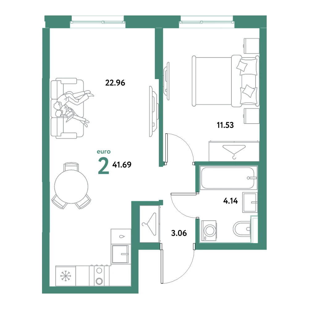 Планировка: Евродвушка 41,69 м²