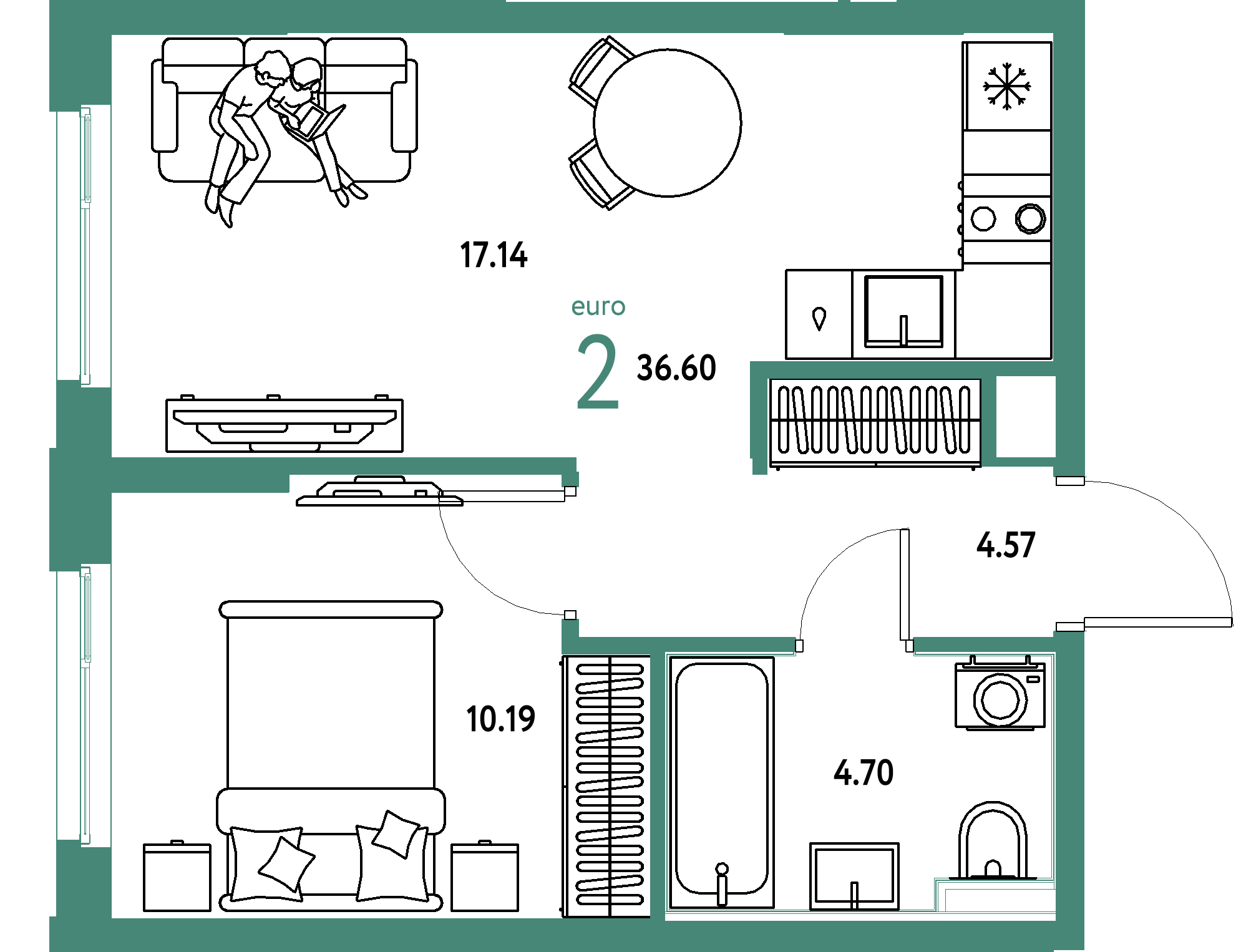 Планировка: Евродвушка 36,6 м² в ЖК «Сердце Сибири»