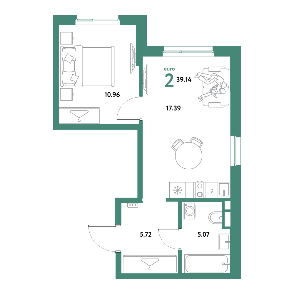 Планировка: Евродвушка 39,14 м²