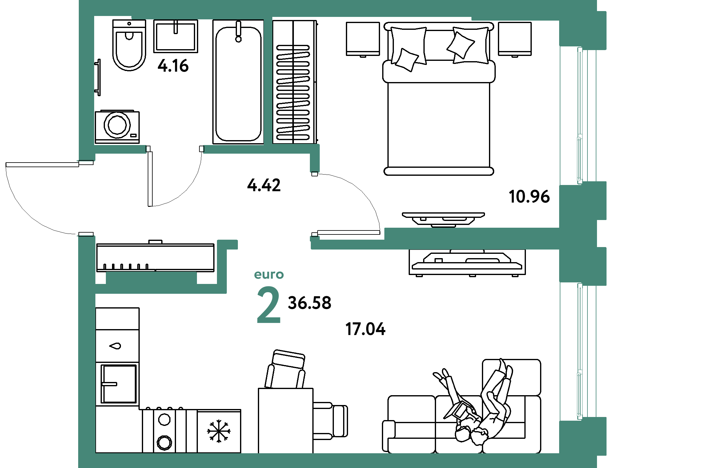 Планировка: Евродвушка 36,58 м² в ЖК «Европейский берег 2.0»