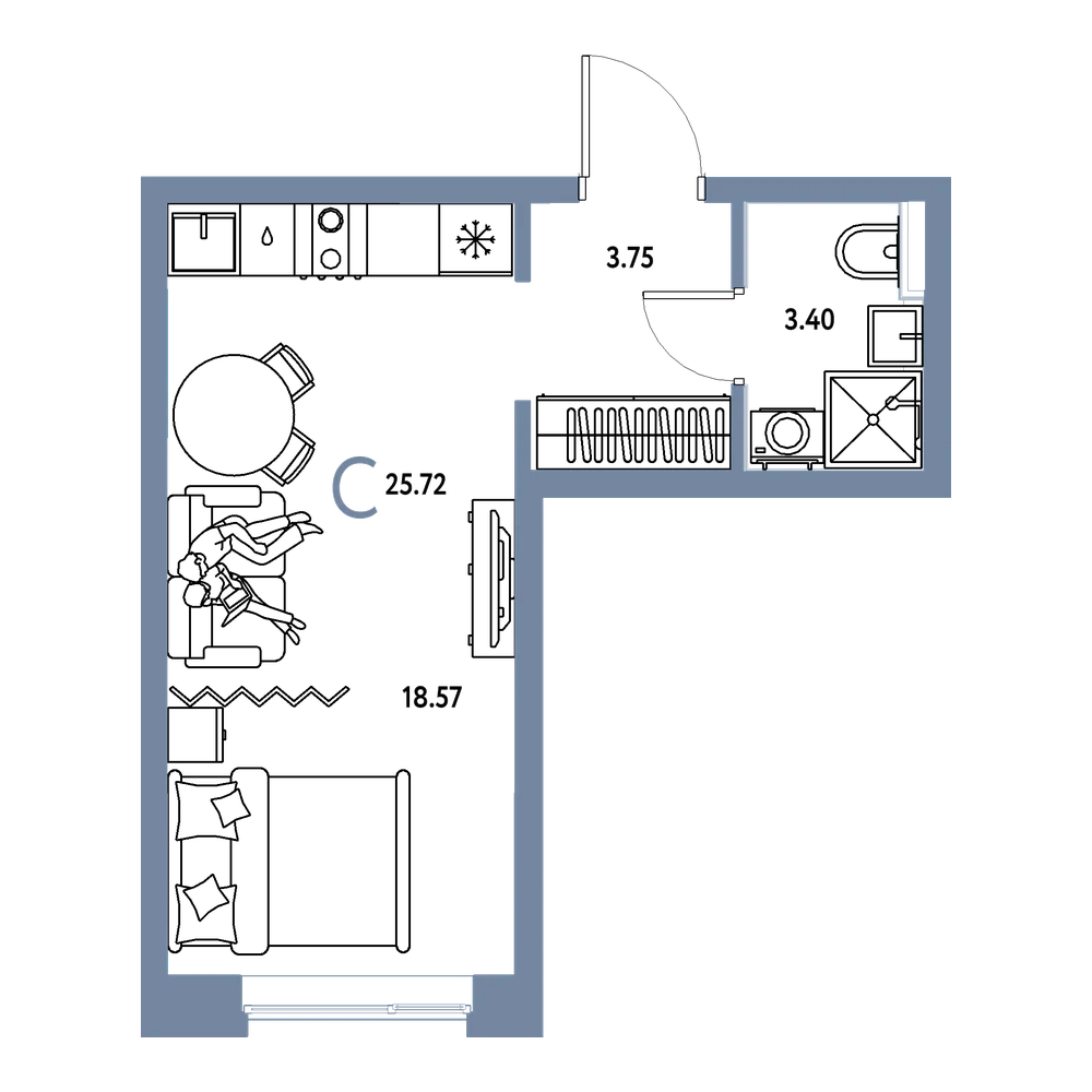 Планировка: Студия 25,72 м²