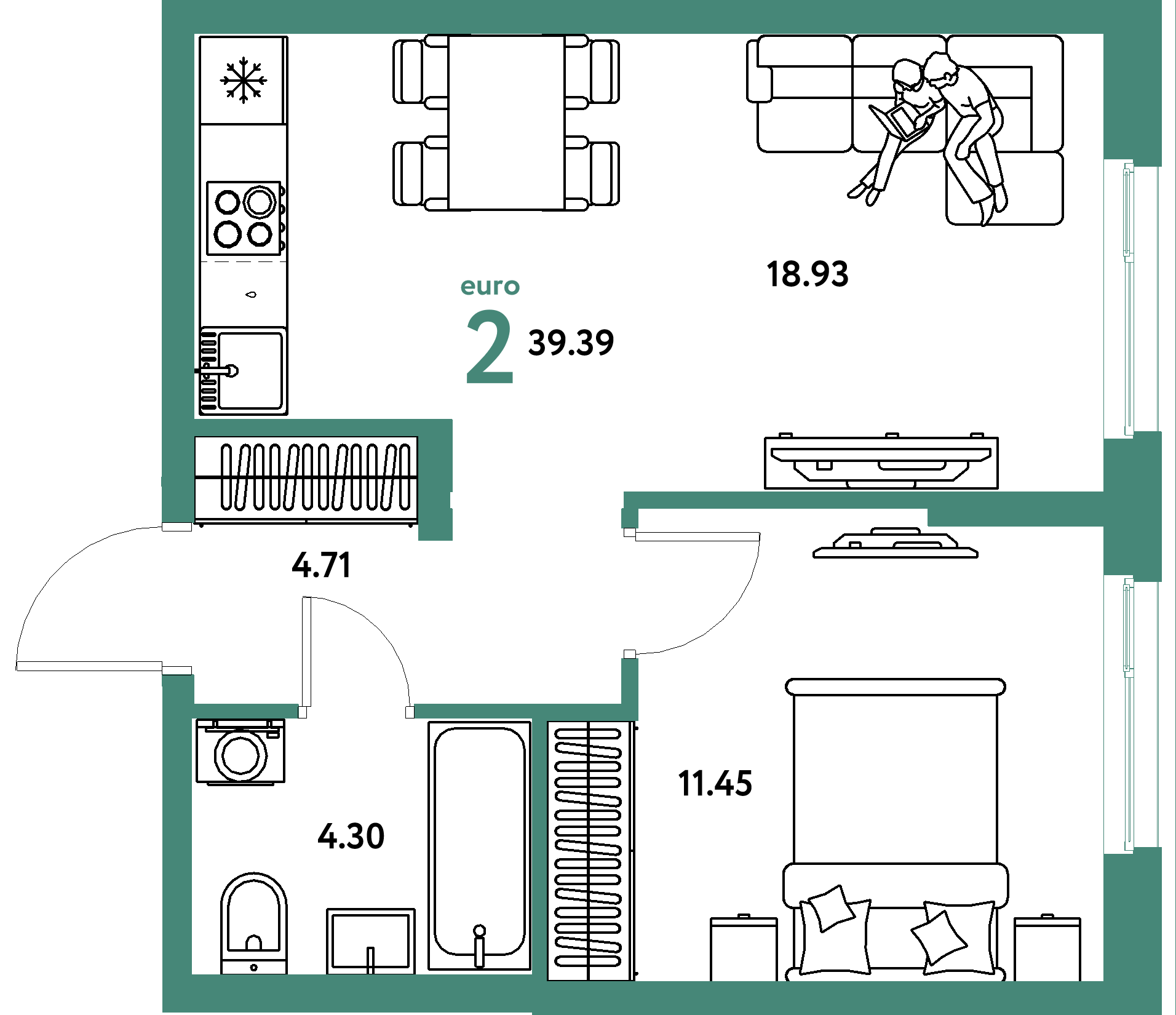 Планировка: Евродвушка 39,39 м² в ЖК «Европейский берег 2.0»