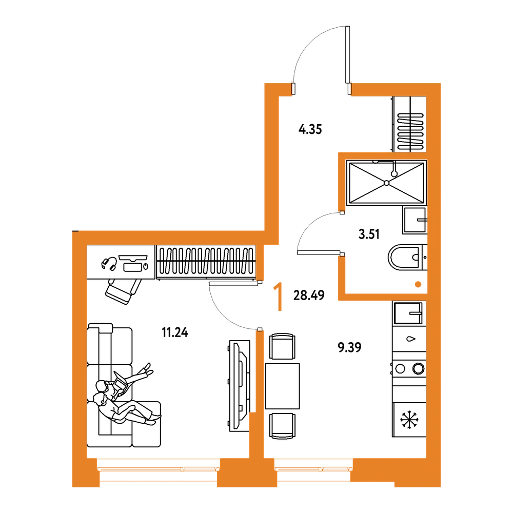 Планировка: 1-комнатная 28,49 м²