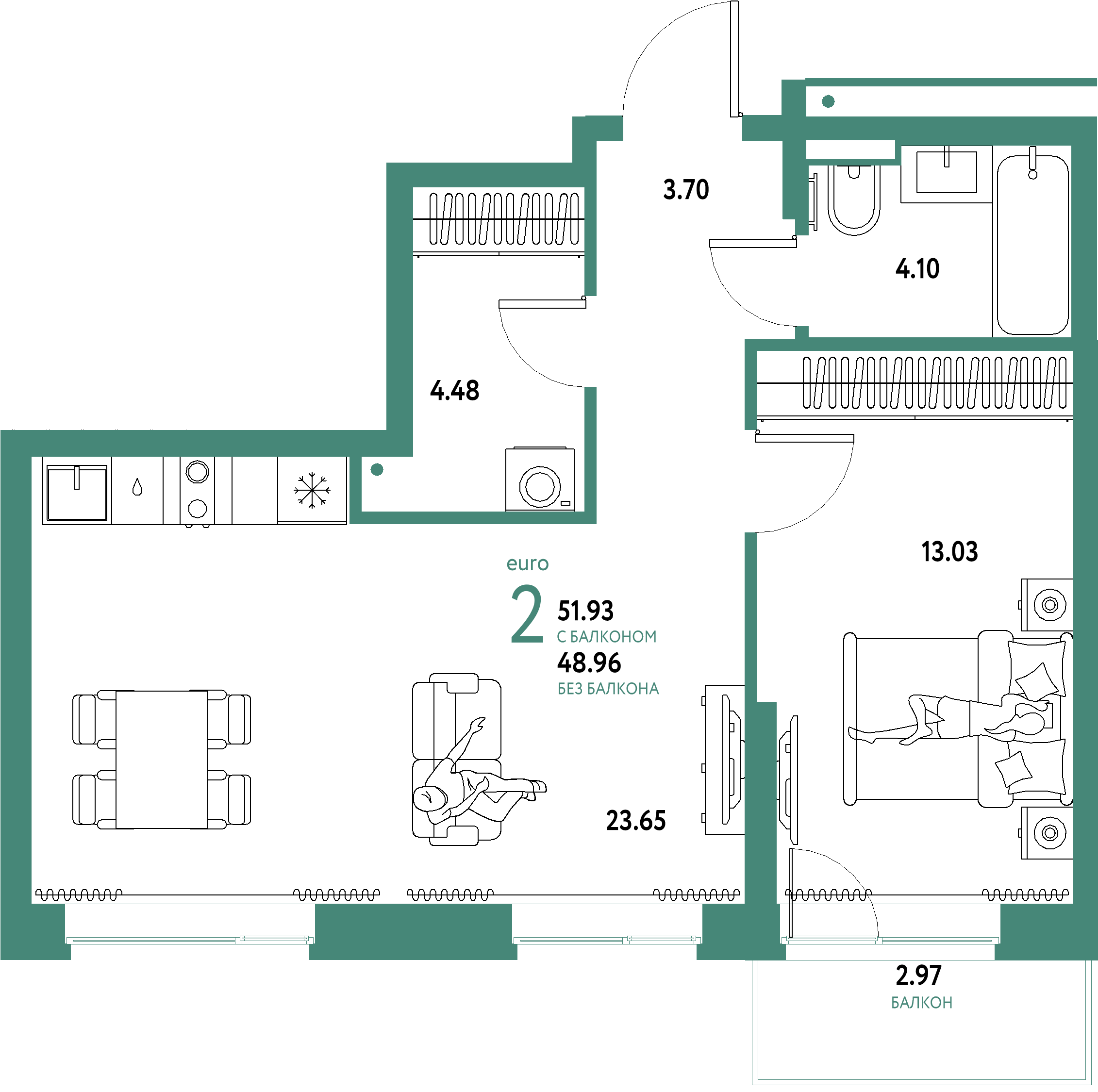 Планировка: Евродвушка 51,93 м² в ЖК «Домашний»