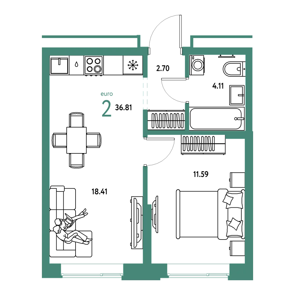 Планировка: Евродвушка 36,81 м²