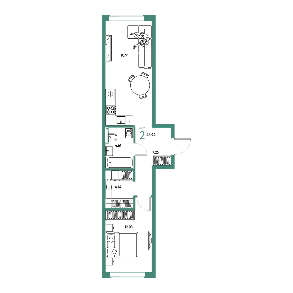 Планировка: Евродвушка 46,94 м²