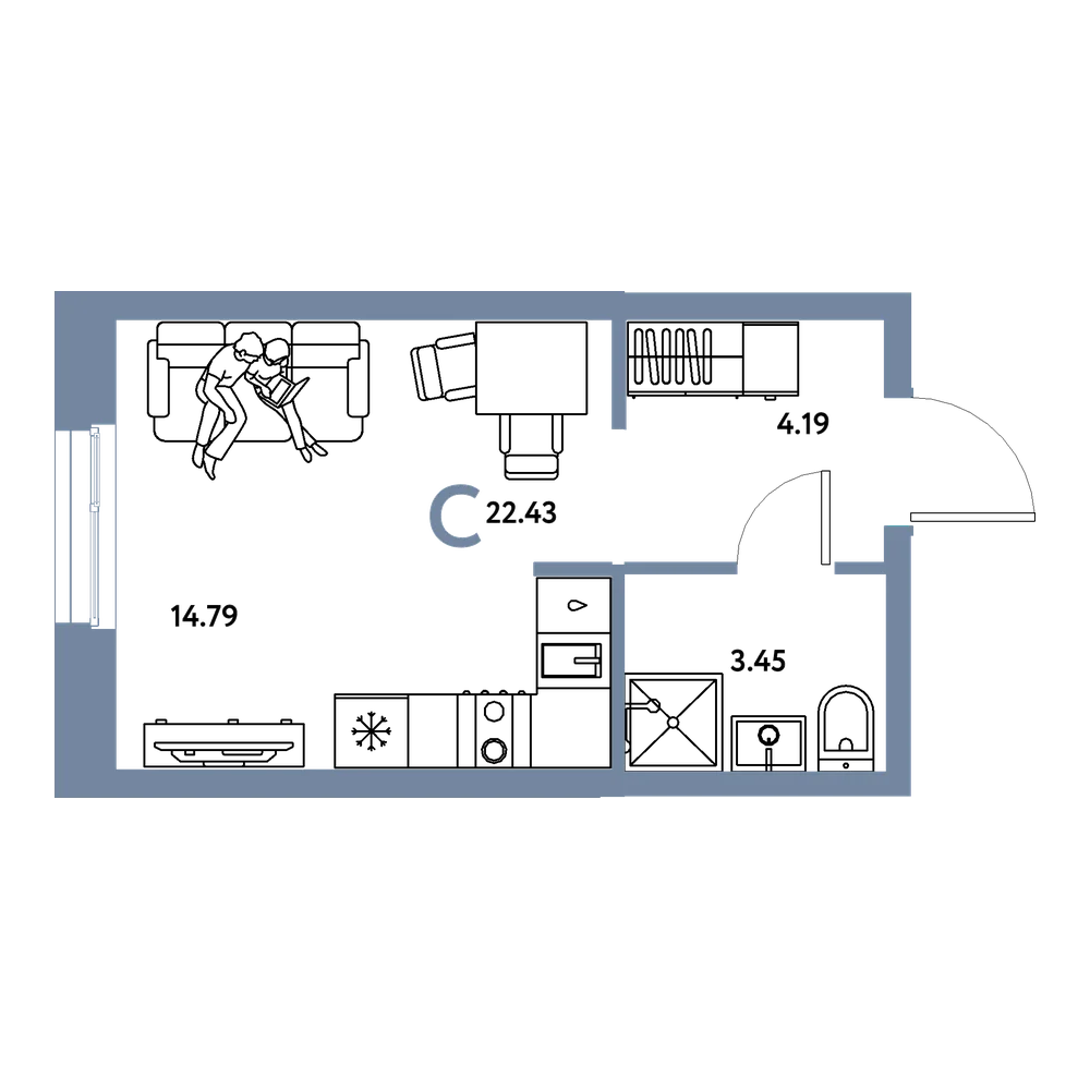 Планировка: Студия 22,43 м²