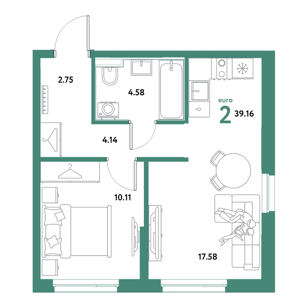 Планировка: Евродвушка 39,16 м²