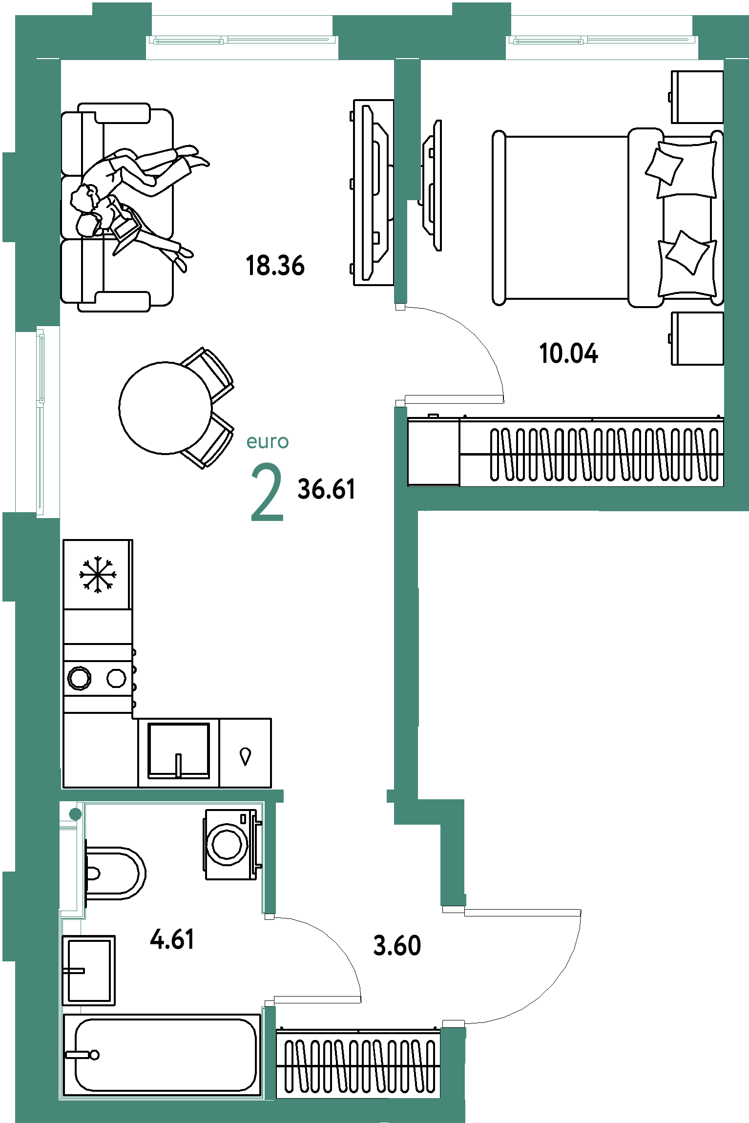 Планировка: Евродвушка 36,61 м² в ЖК «Домашний»