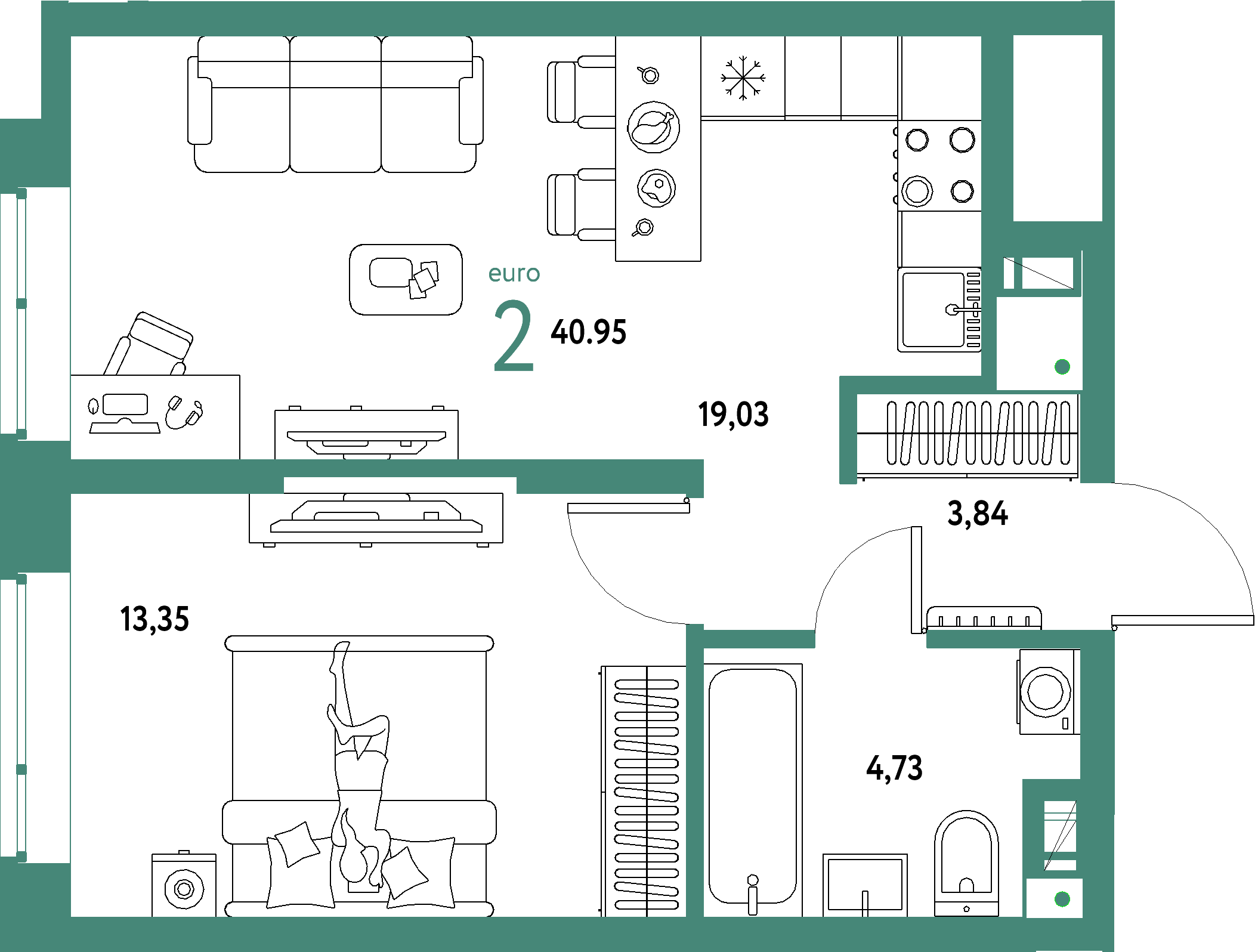 Планировка: Евродвушка 40,95 м² в ЖК «Авторский»