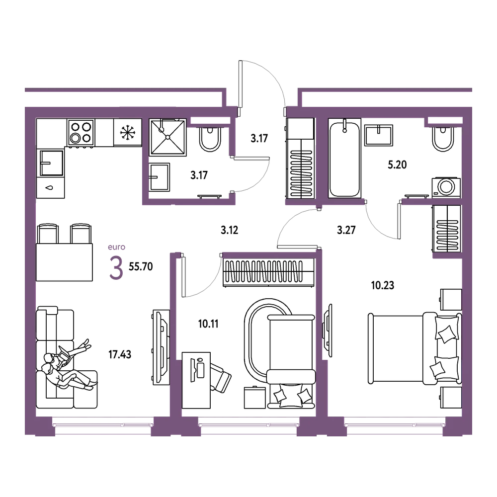 Планировка: Евротрёшка 55,7 м²
