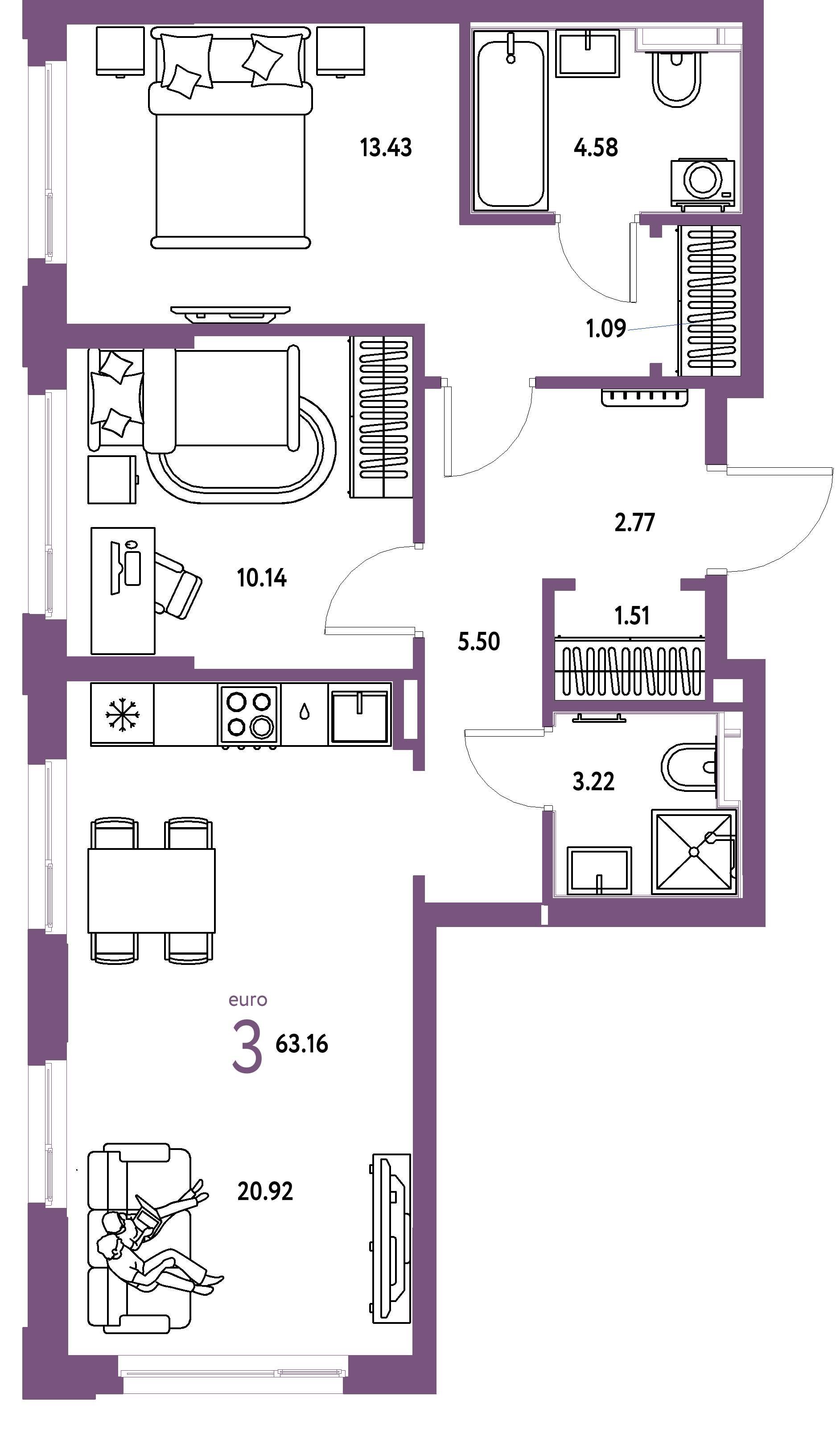 Планировка: Евротрёшка 63,16 м² в ЖК «Сердце Сибири»