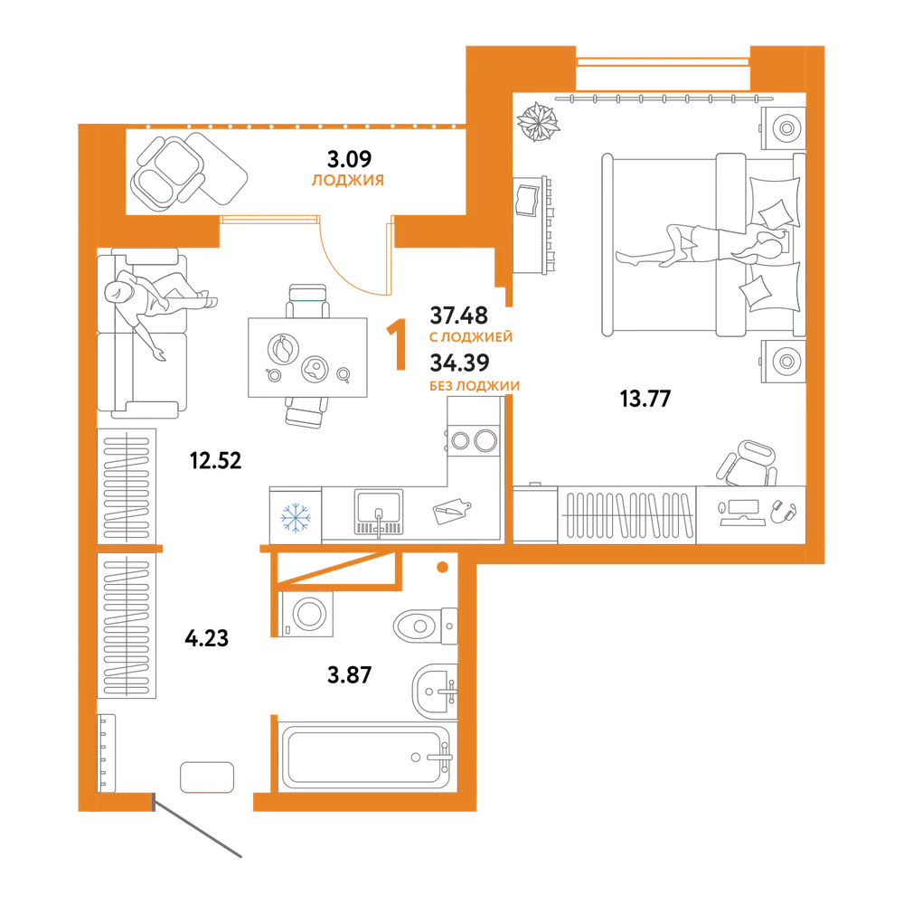 Планировка: 1-комнатная 37,48 м²