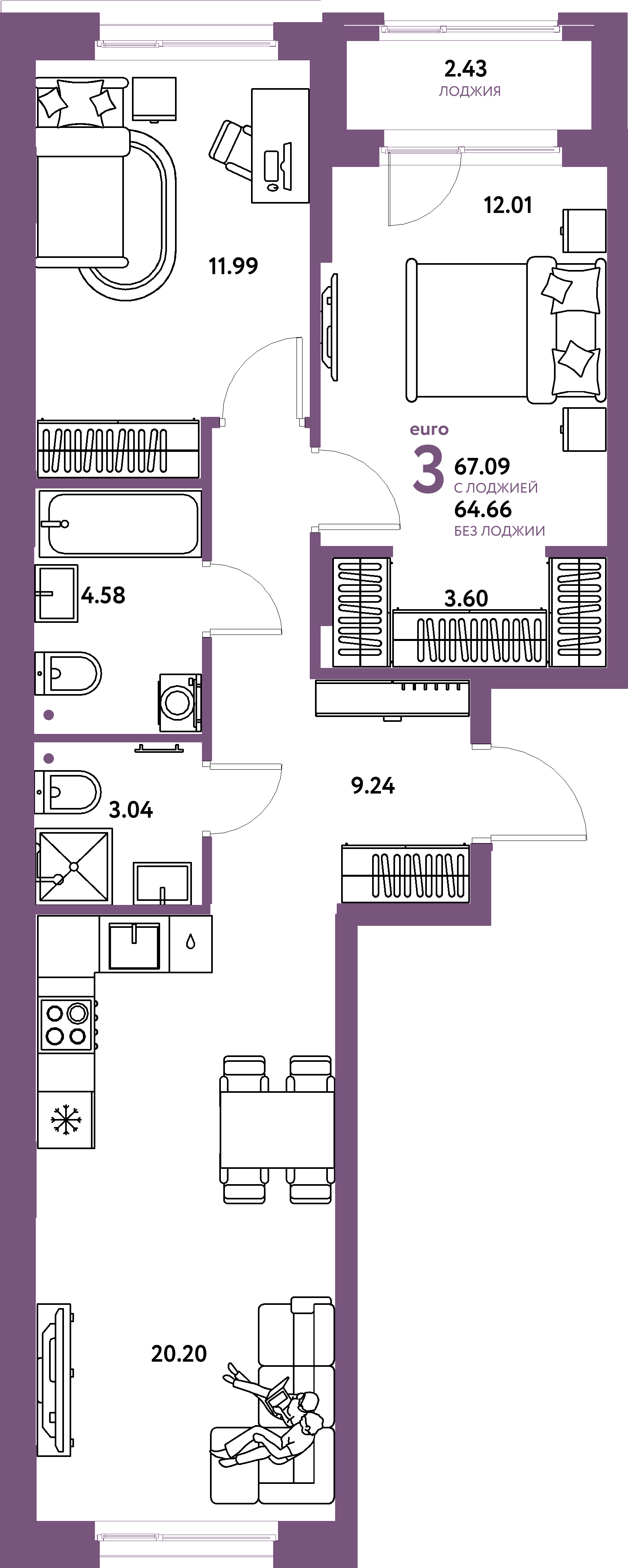 Планировка: Евротрёшка 67,09 м² в ЖК «Европейский берег 2.0»