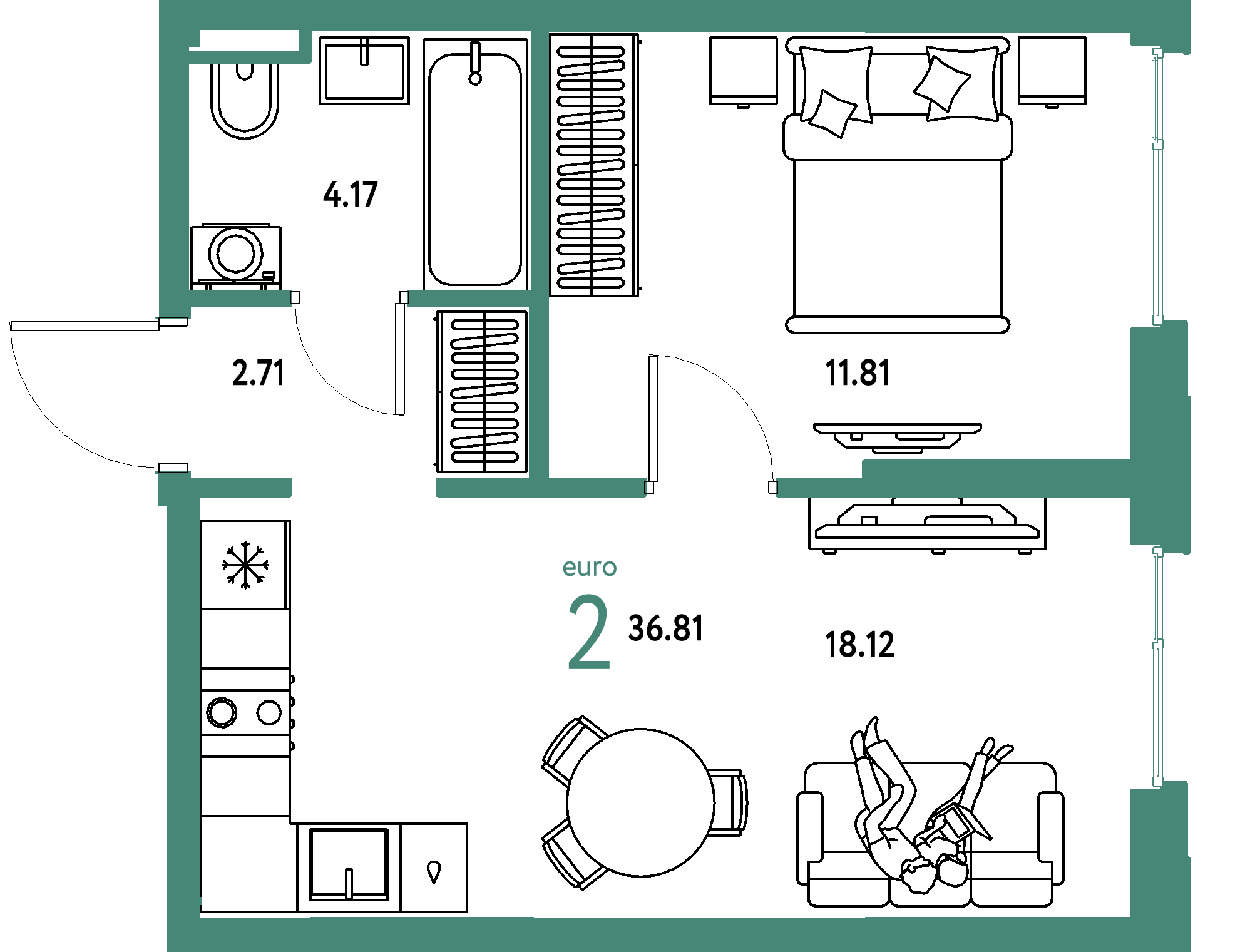 Планировка: Евродвушка 36,81 м² в ЖК «Остров-сад»