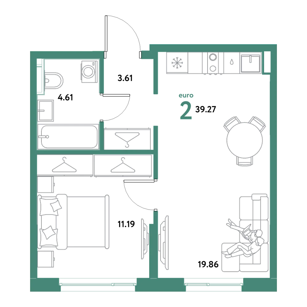 Планировка: Евродвушка 39,27 м²