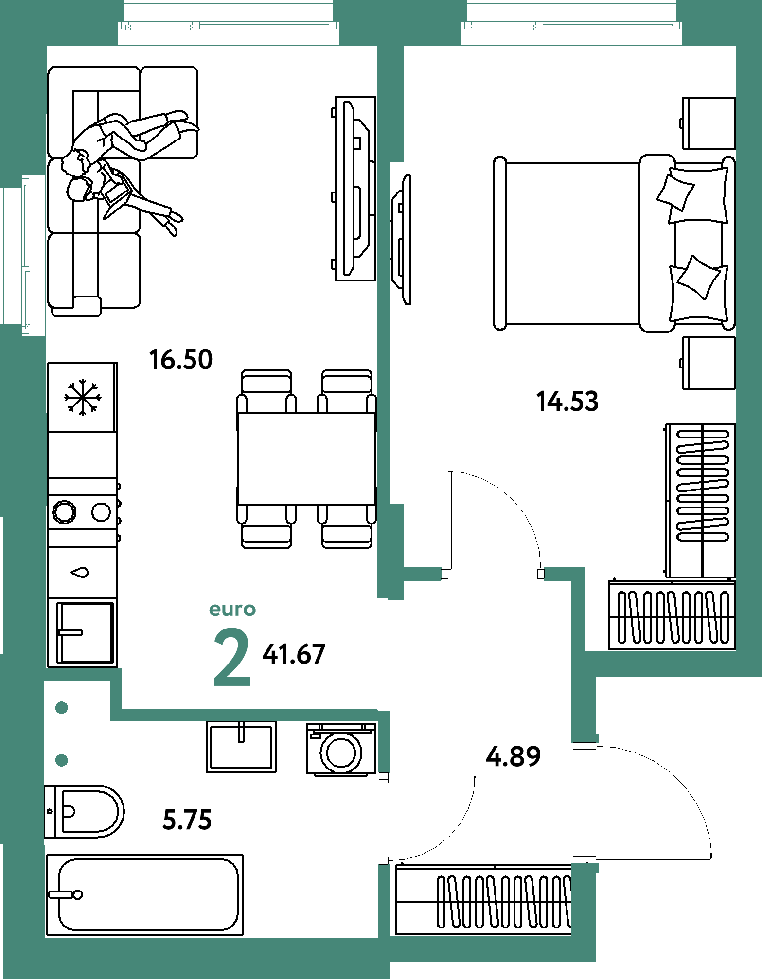 Планировка: Евродвушка 41,67 м² в ЖК «Европейский берег 2.0»