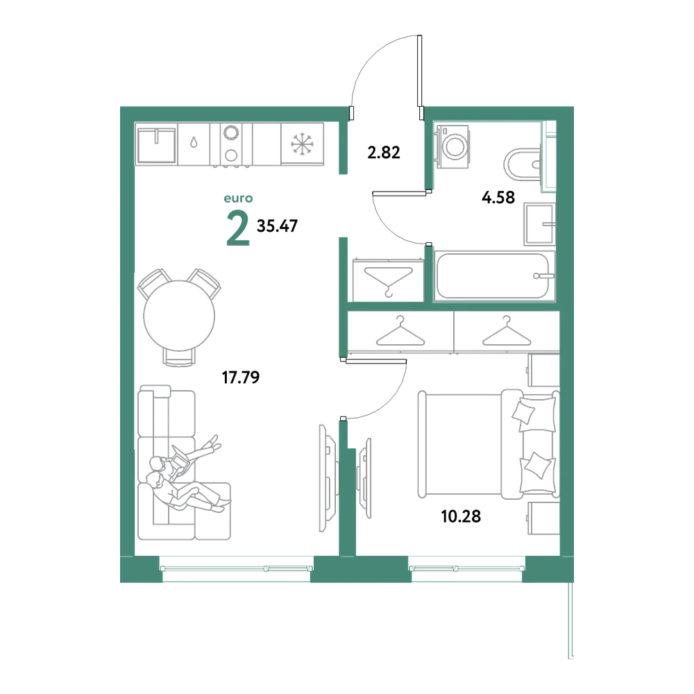 Планировка: Евродвушка 35,47 м²