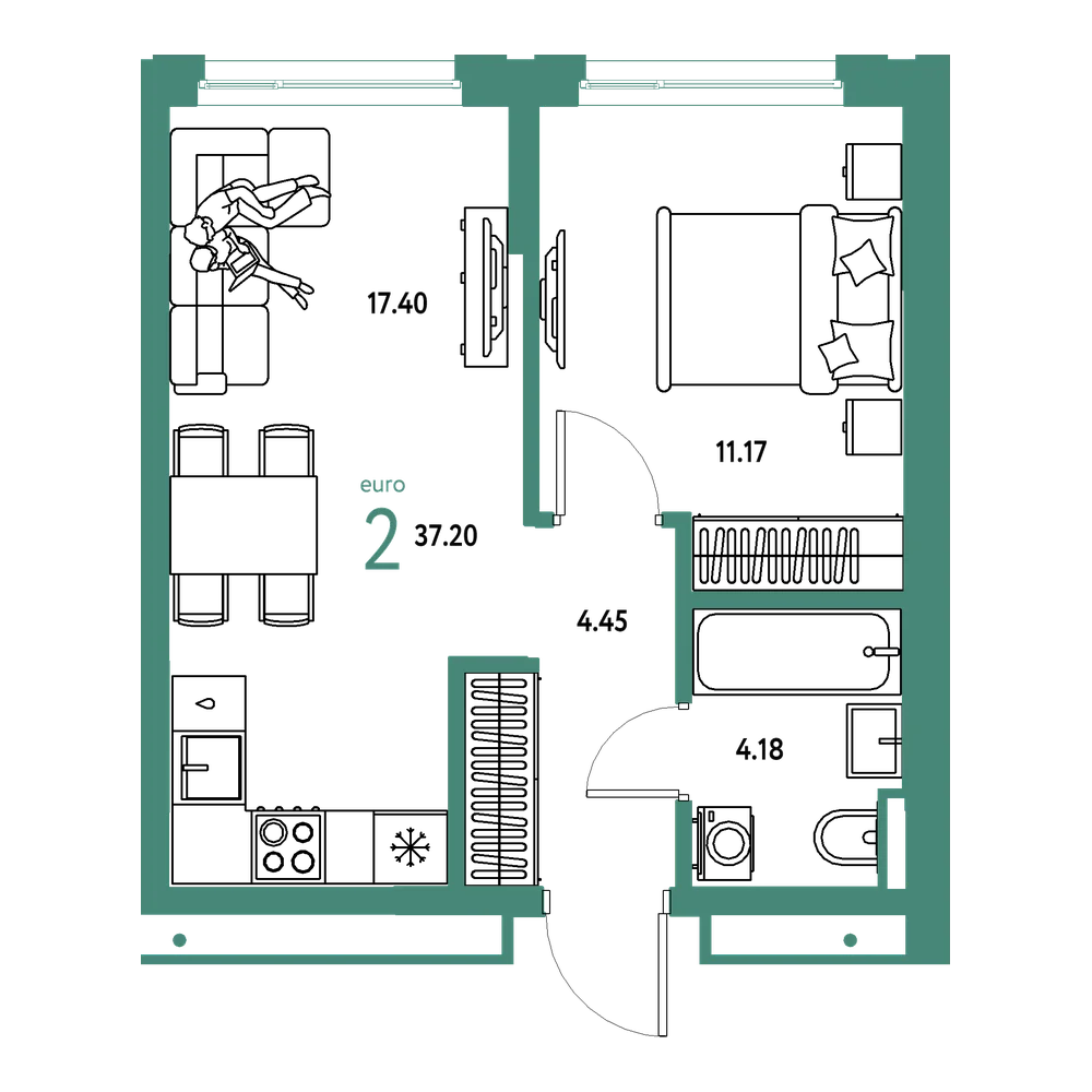 Планировка: Евродвушка 37,2 м²
