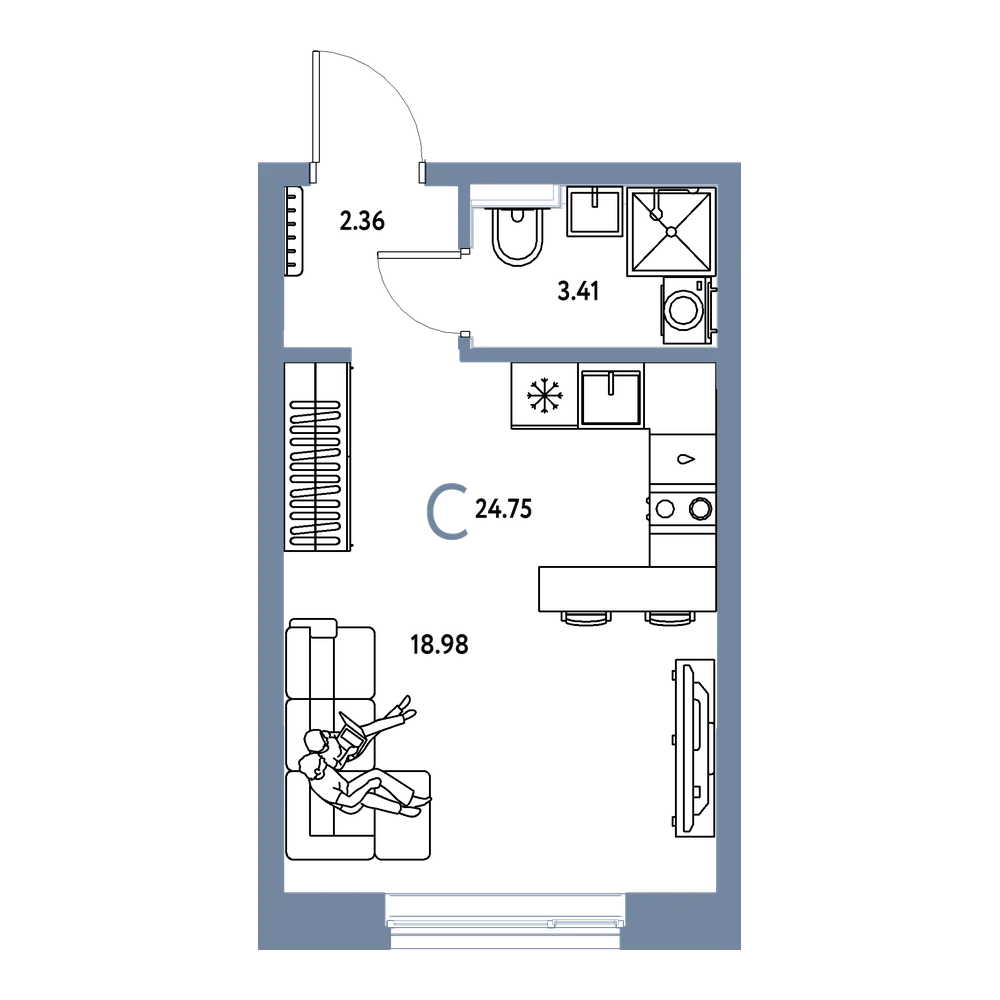 Планировка: Студия 24,75 м²