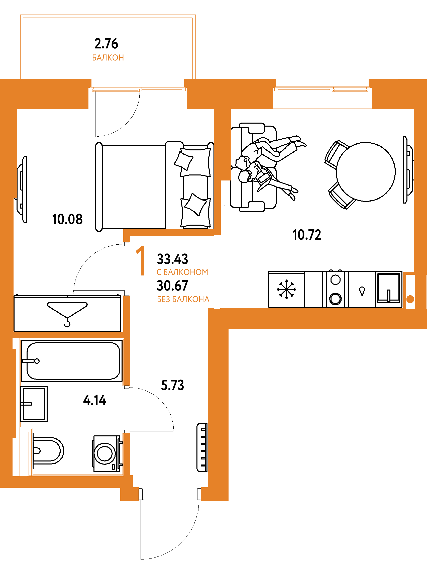 Планировка: 1-комнатная 33,43 м² в ЖК «Европейский берег 2.0»