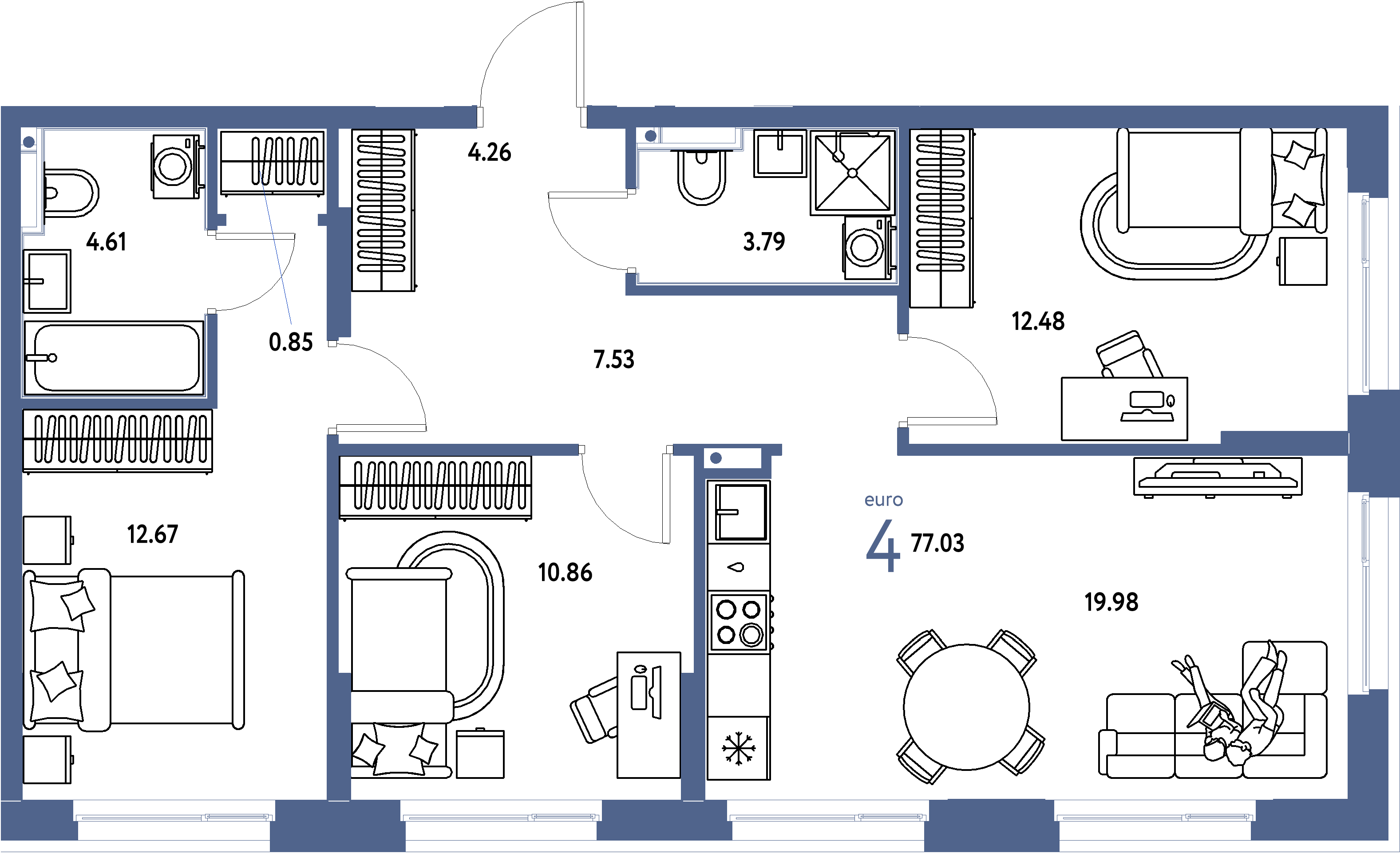 Планировка: Евро-4 77,14 м² в ЖК «Домашний»