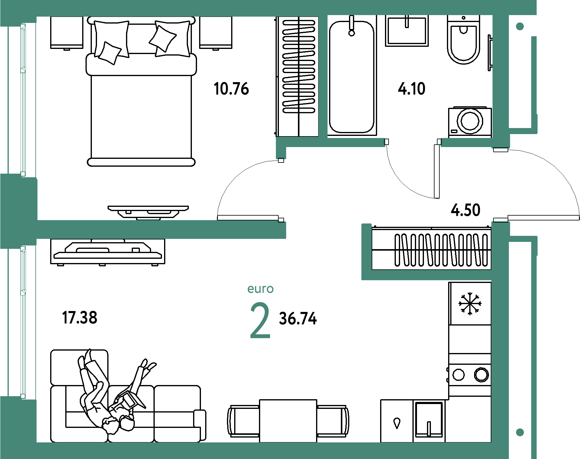 Планировка: Евродвушка 36,74 м² в ЖК «Домашний»