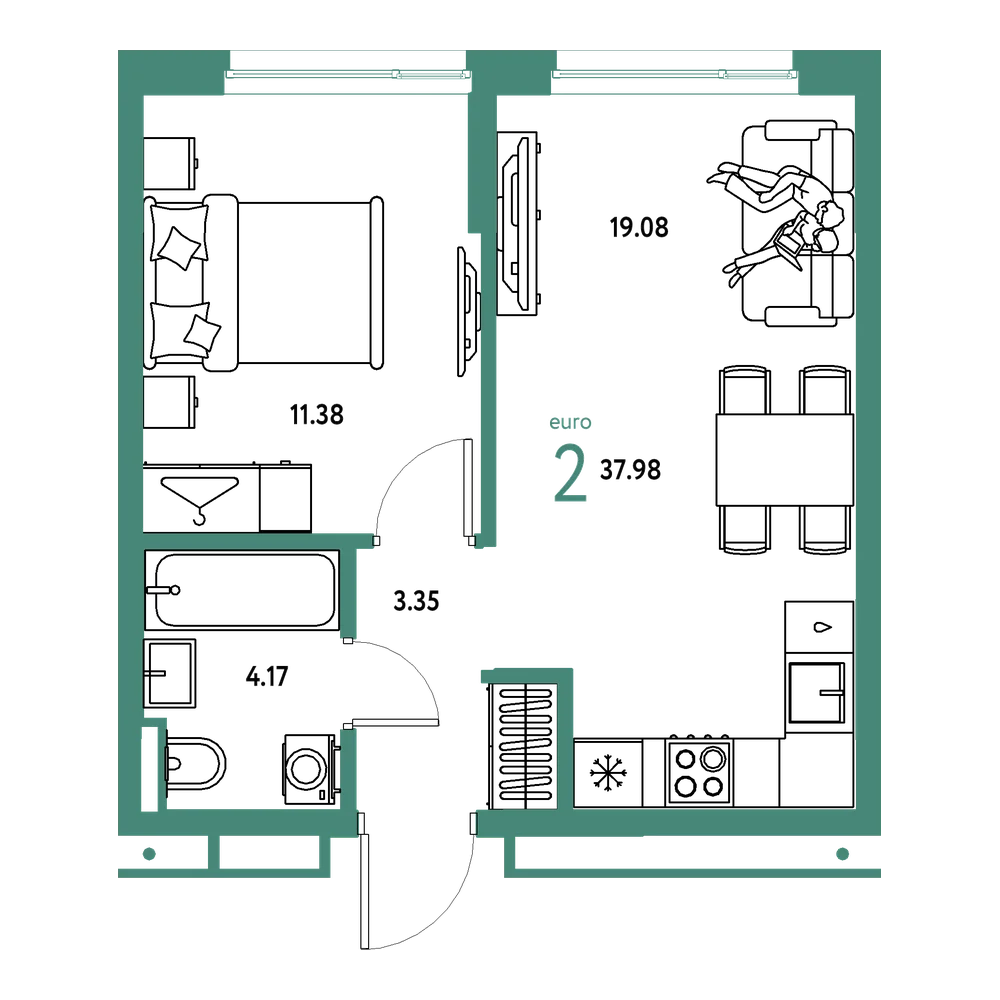 Планировка: Евродвушка 37,98 м²