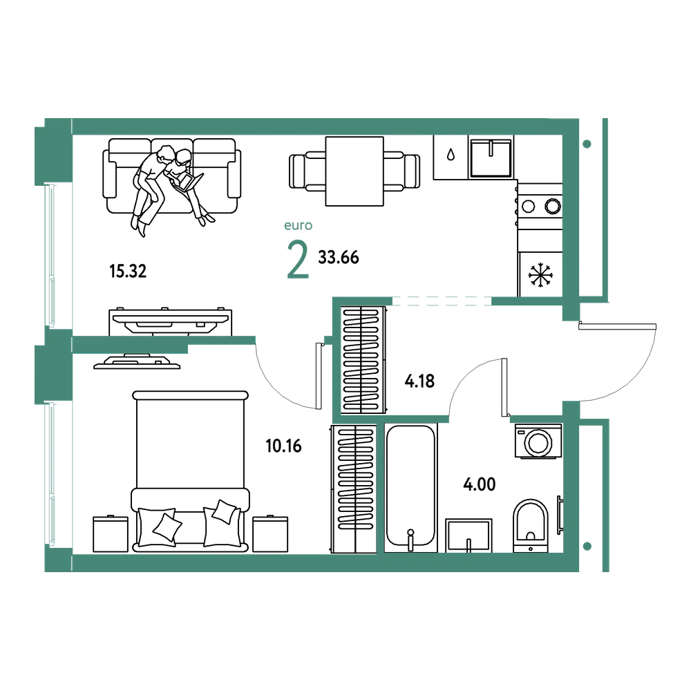Планировка: Евродвушка 33,66 м²