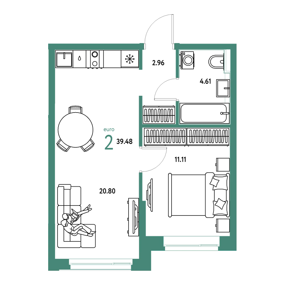 Планировка: Евродвушка 39,48 м²