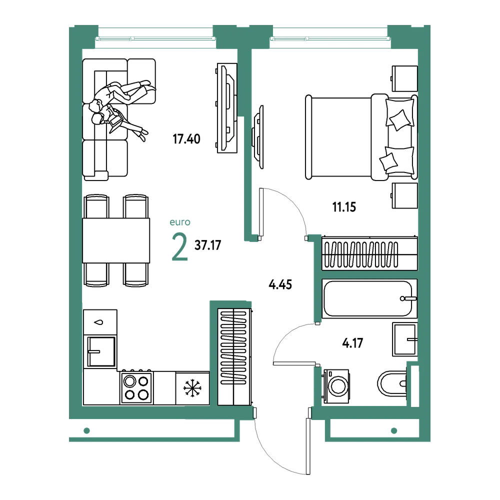 Планировка: Евродвушка 37,17 м²