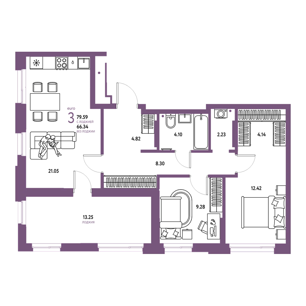 Планировка: Евротрёшка 79,59 м²