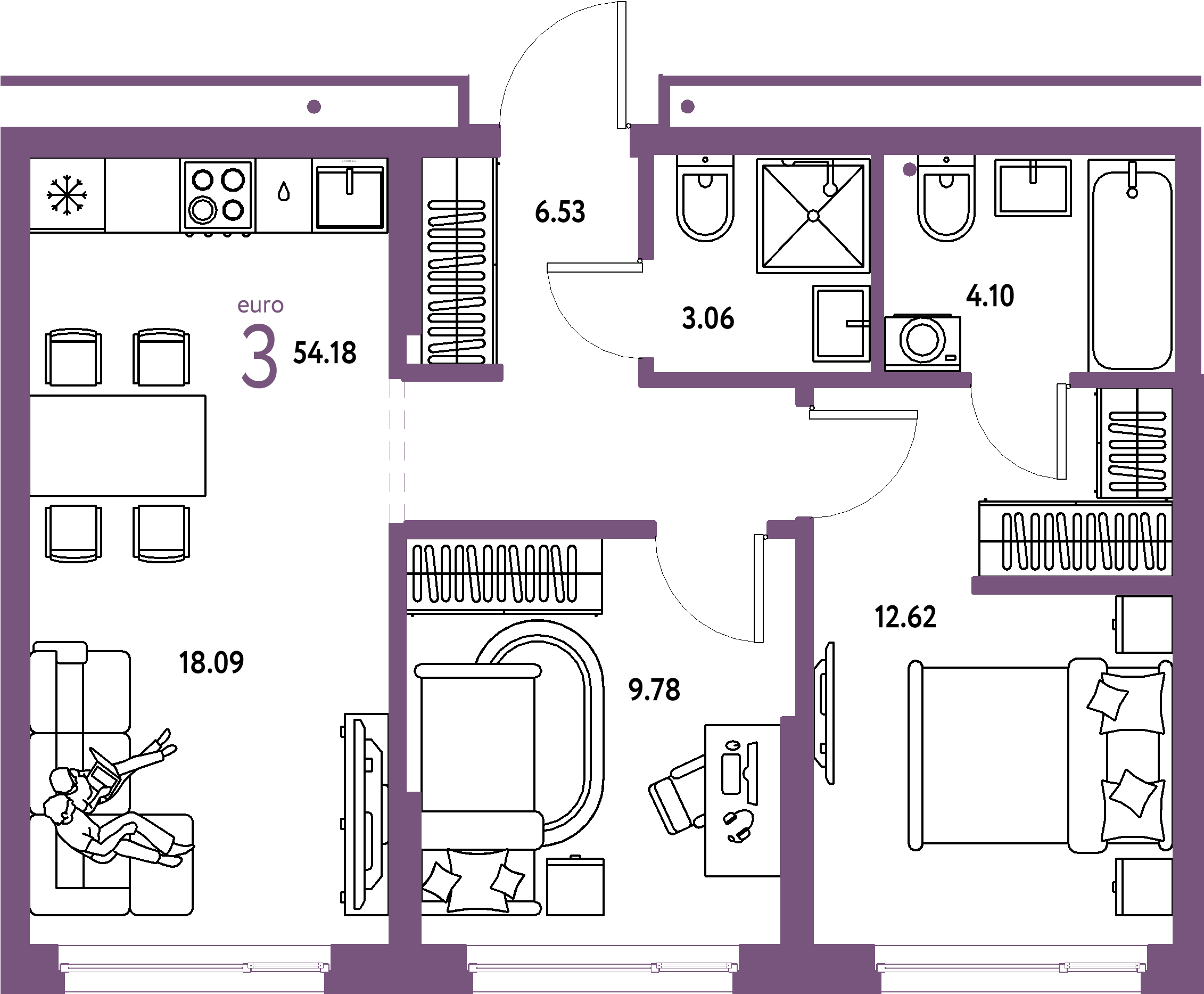 Планировка: Евротрёшка 54,18 м² в ЖК «Домашний»