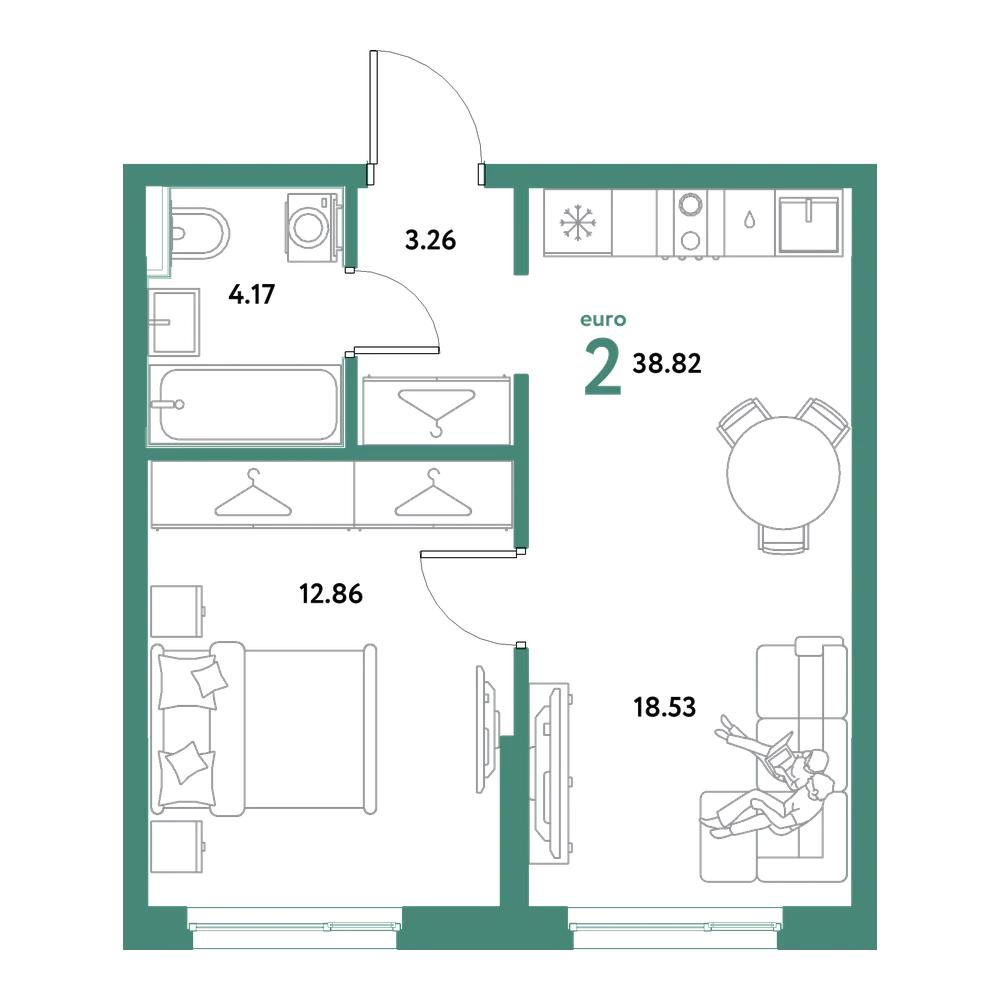 Планировка: Евродвушка 38,82 м²