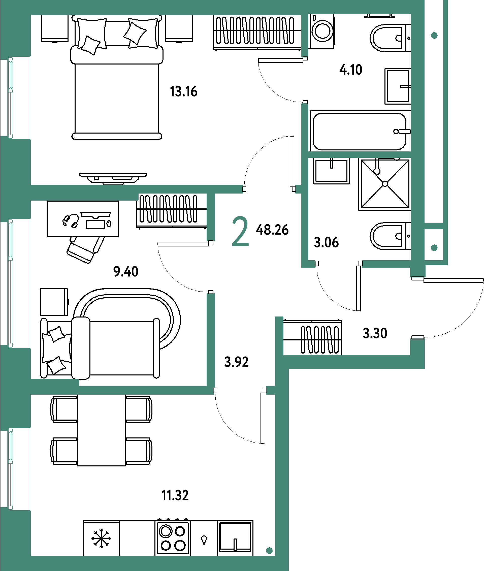 Планировка: 2-комнатная 48,26 м² в ЖК «Домашний»