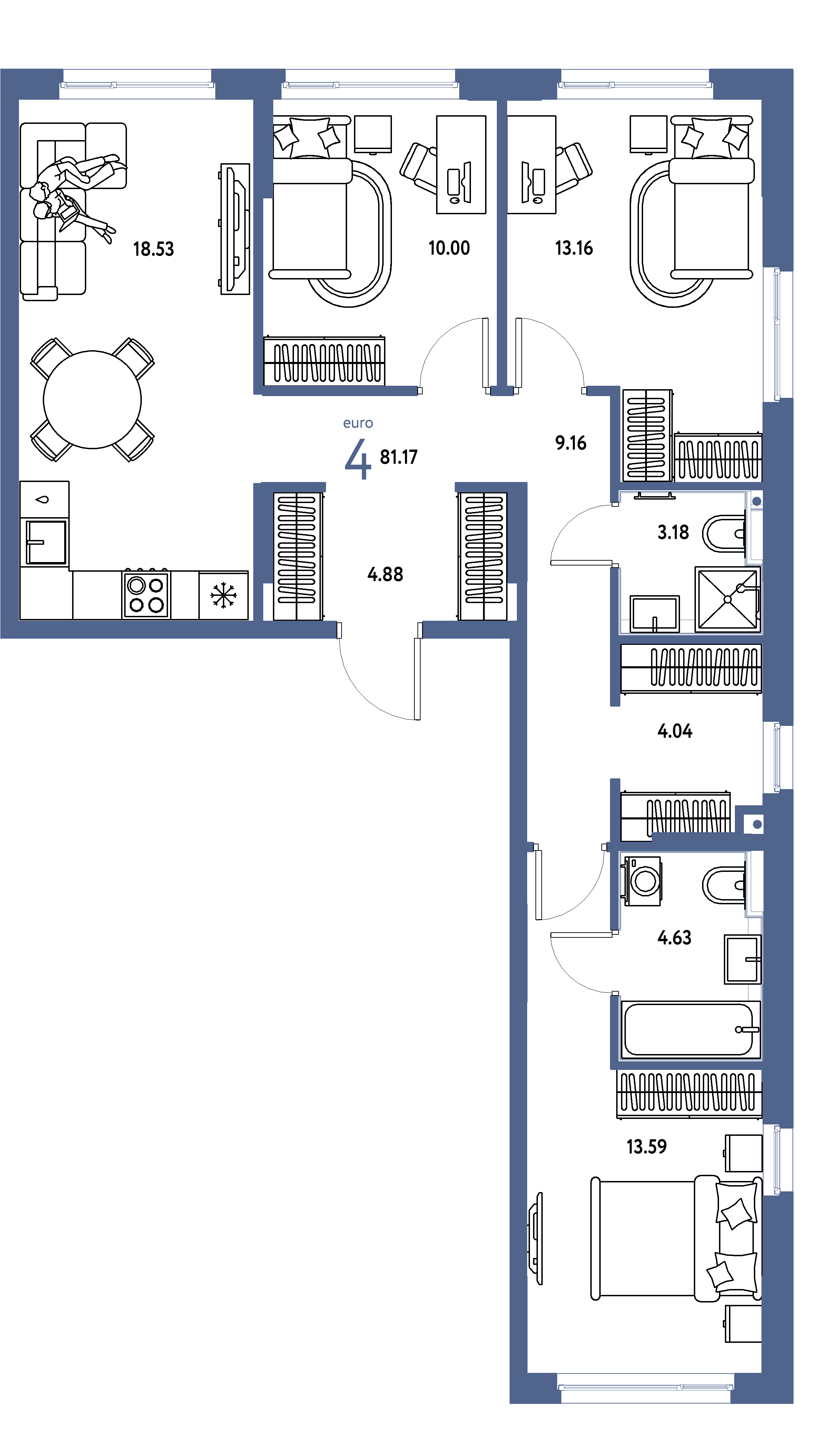 Планировка: Евро-4 81,17 м² в ЖК «Сердце Сибири»