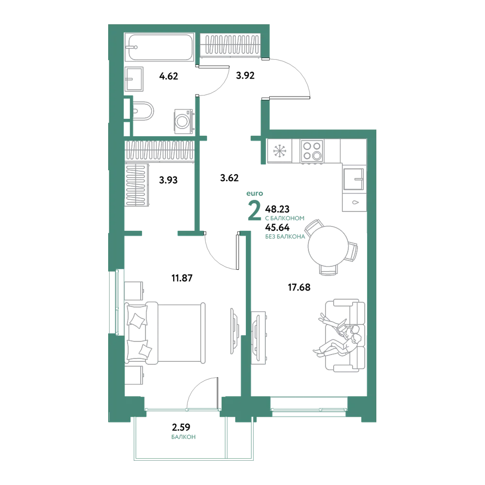 Планировка: Евродвушка 48,23 м²