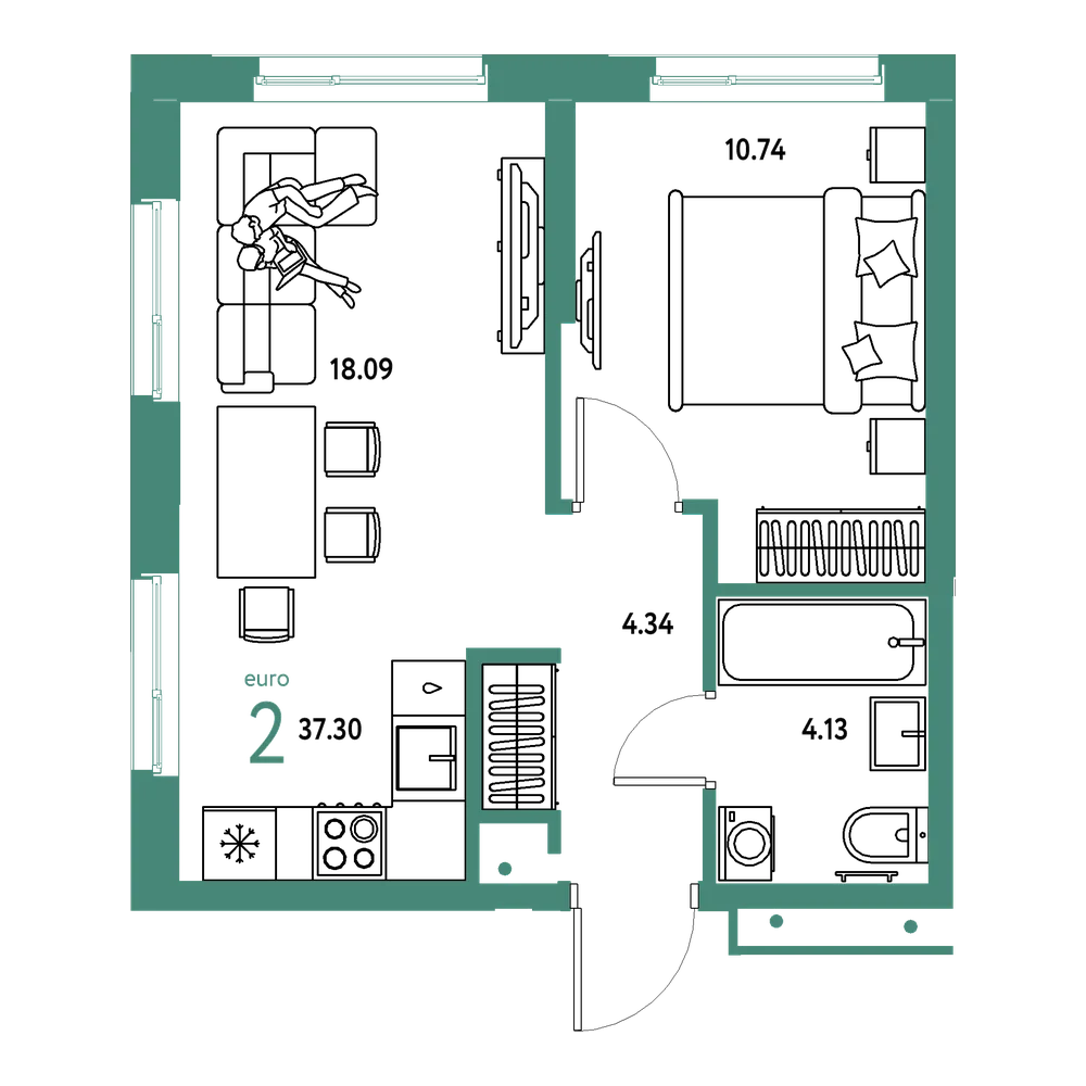 Планировка: Евродвушка 37,3 м²