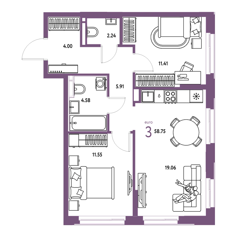 Планировка: Евротрёшка 58,75 м²